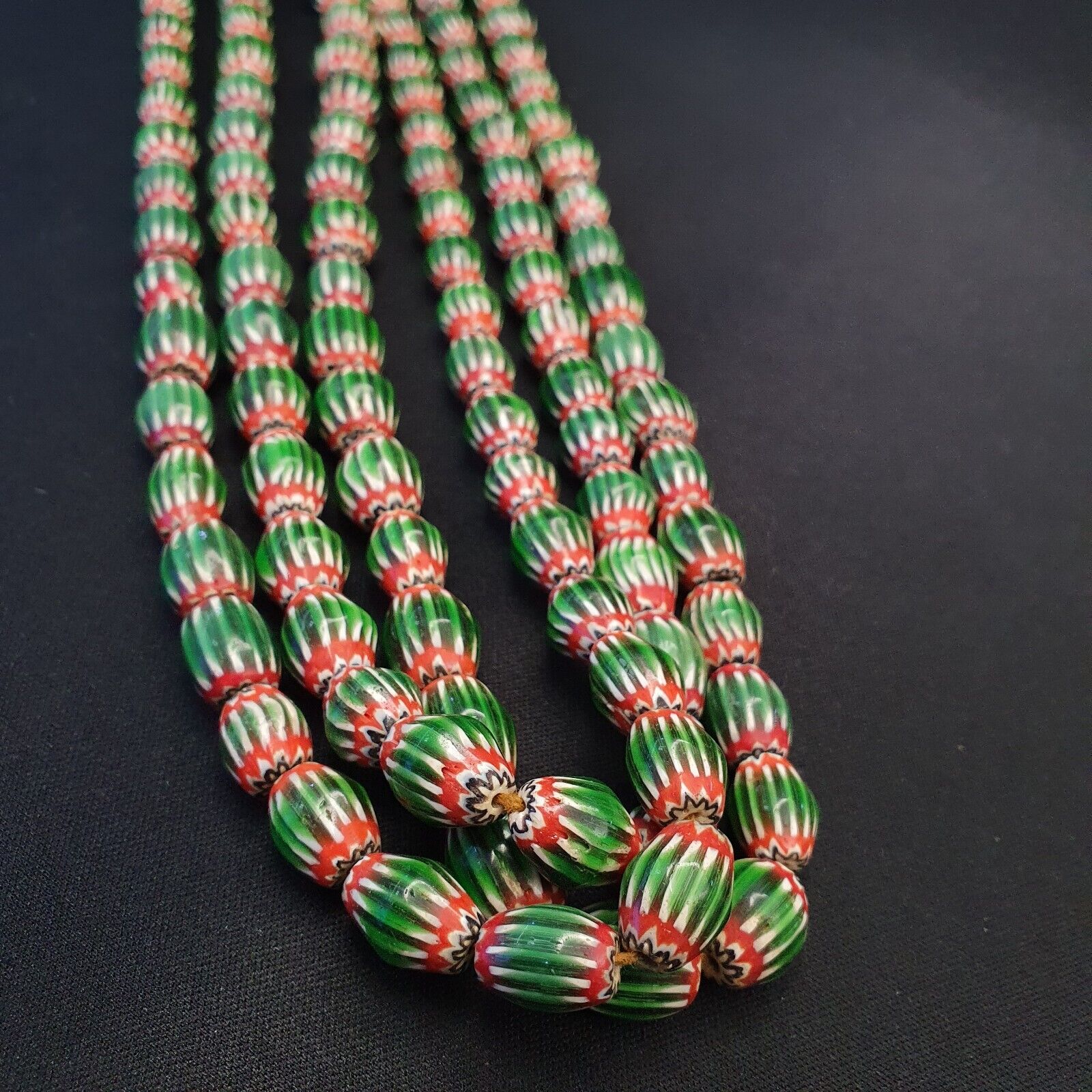 Vintage Venetian African Style Green Glass Chevron 9mmx13mm Beads Long Strand