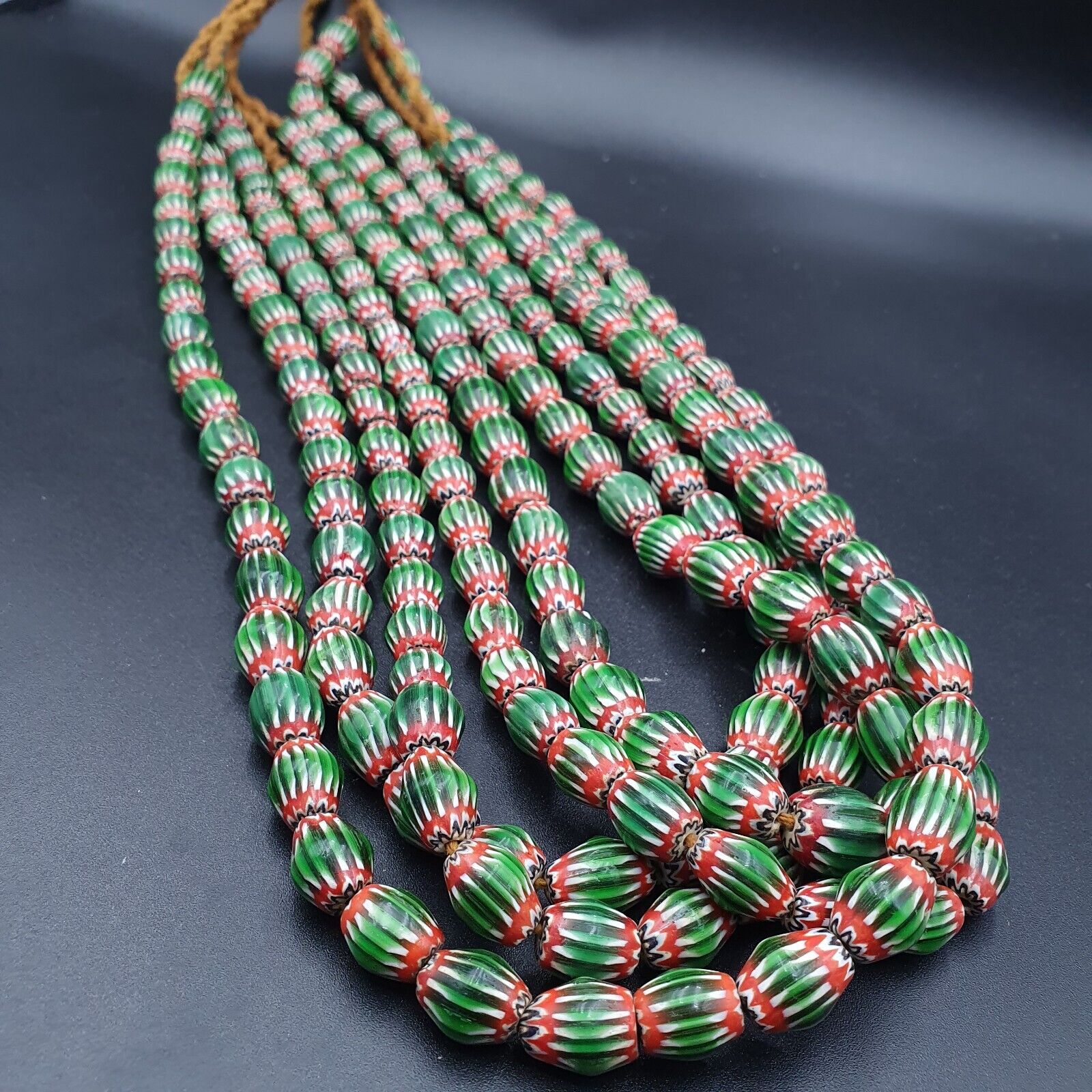 Vintage Venetian African Style Green Glass Chevron 9mmx13mm Beads Long Strand