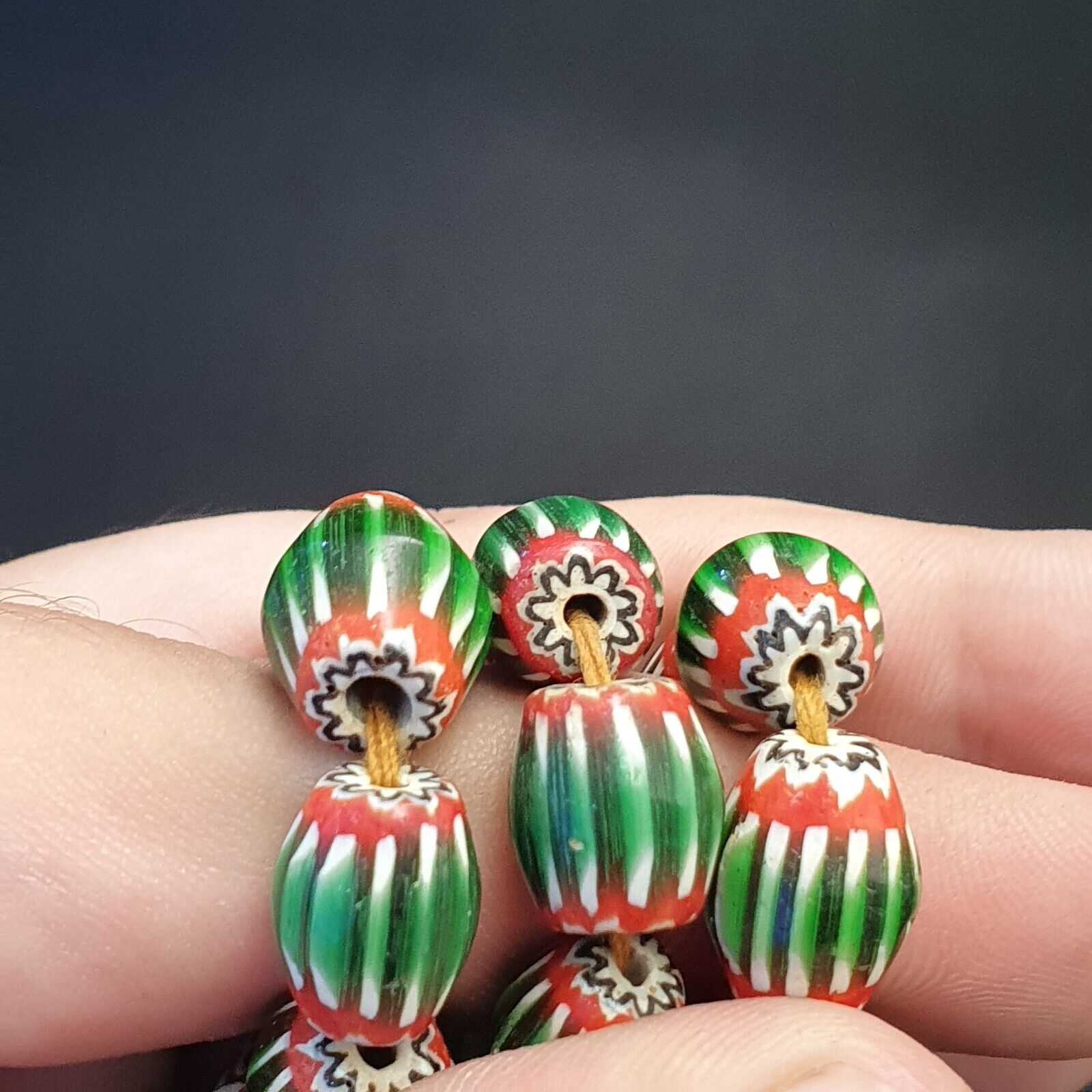 Vintage Venetian African Style Green Glass Chevron 9mmx13mm Beads Long Strand