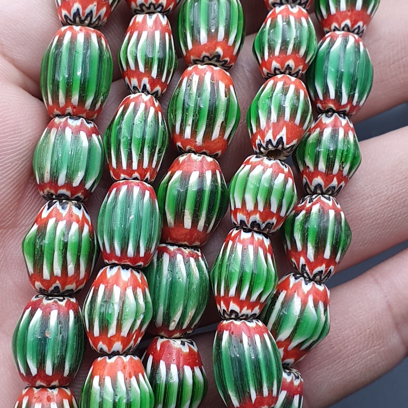 Vintage Venetian African Style Green Glass Chevron 9mmx13mm Beads Long Strand