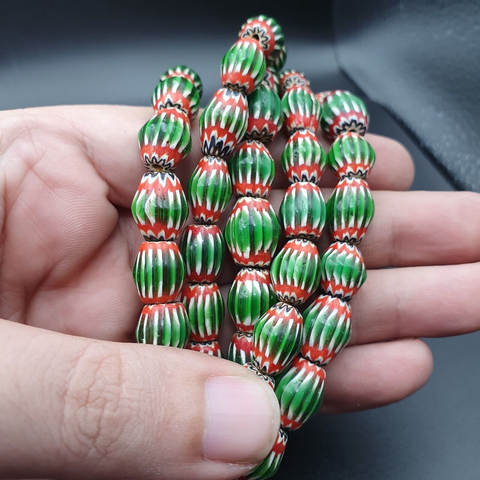Vintage Venetian African Style Green Glass Chevron 9mmx13mm Beads Long Strand