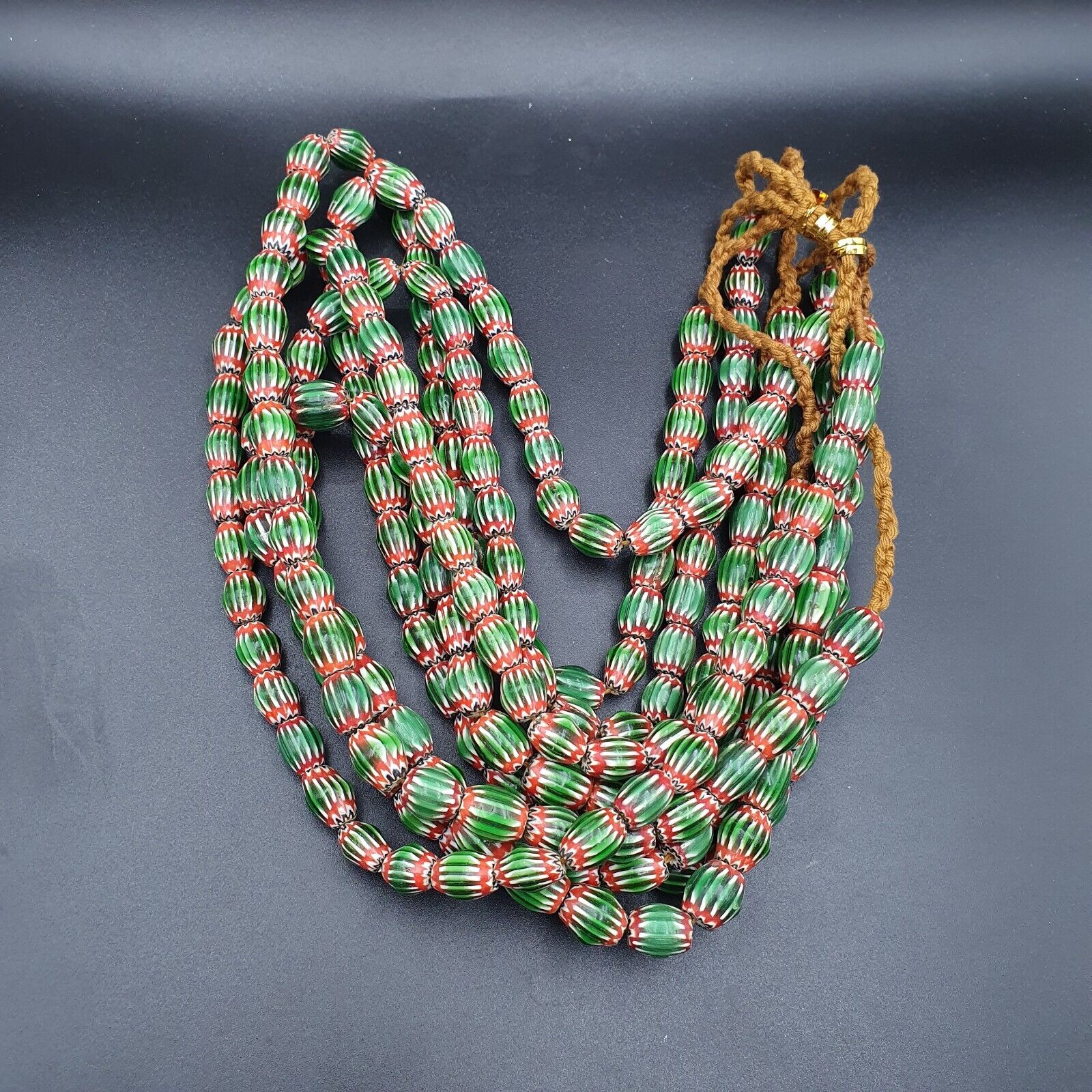 Vintage Venetian African Style Green Glass Chevron 9mmx13mm Beads Long Strand