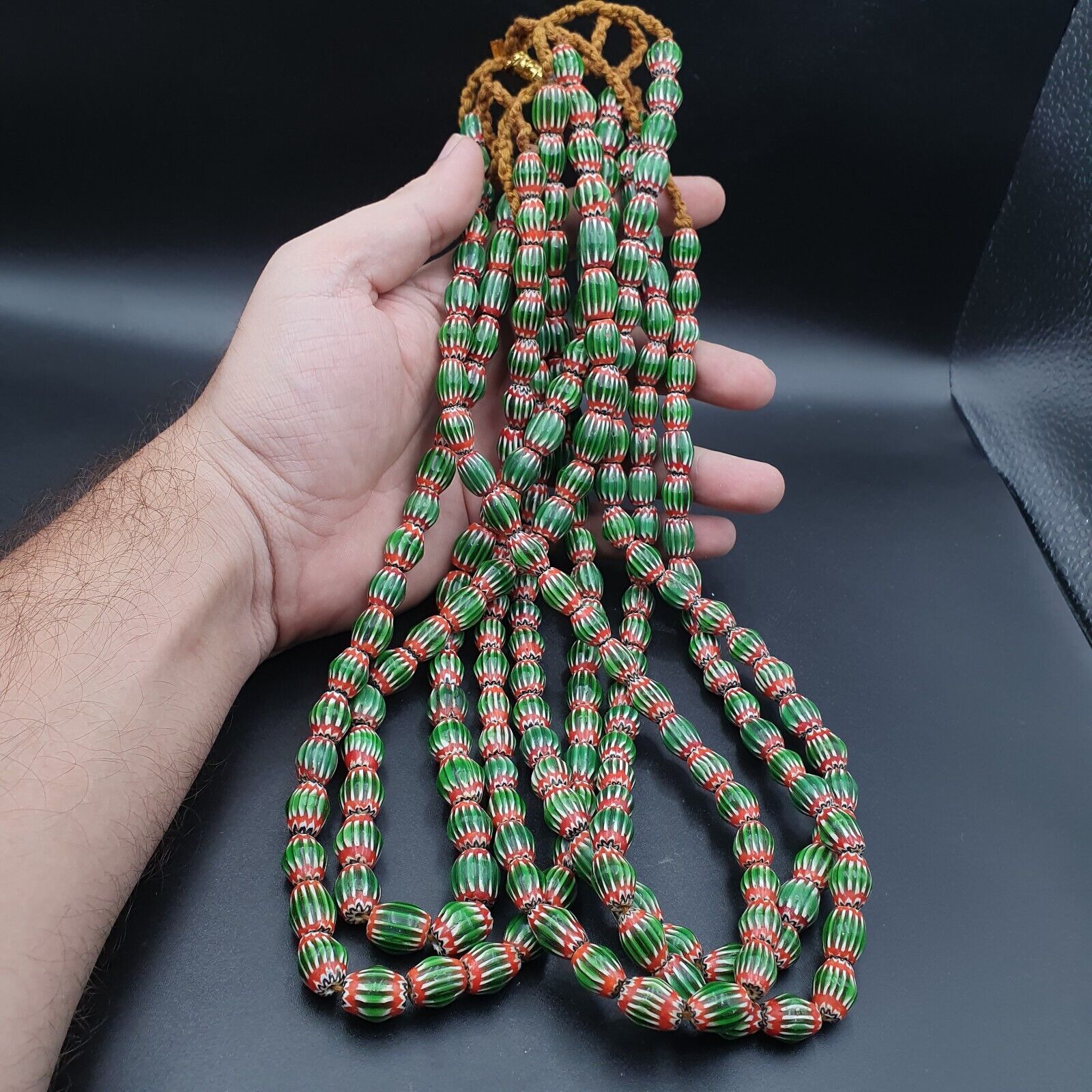 Vintage Venetian African Style Green Glass Chevron 9mmx13mm Beads Long Strand