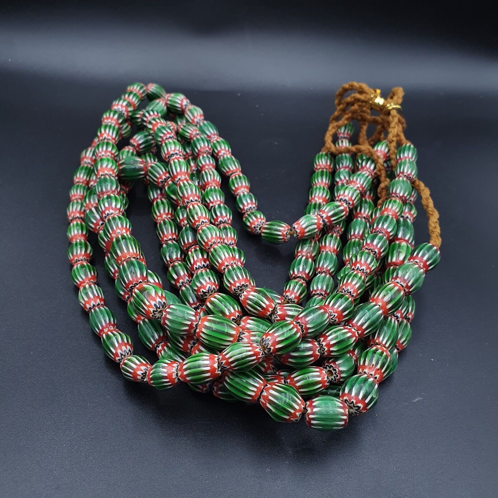 Vintage Venetian African Style Green Glass Chevron 9mmx13mm Beads Long Strand