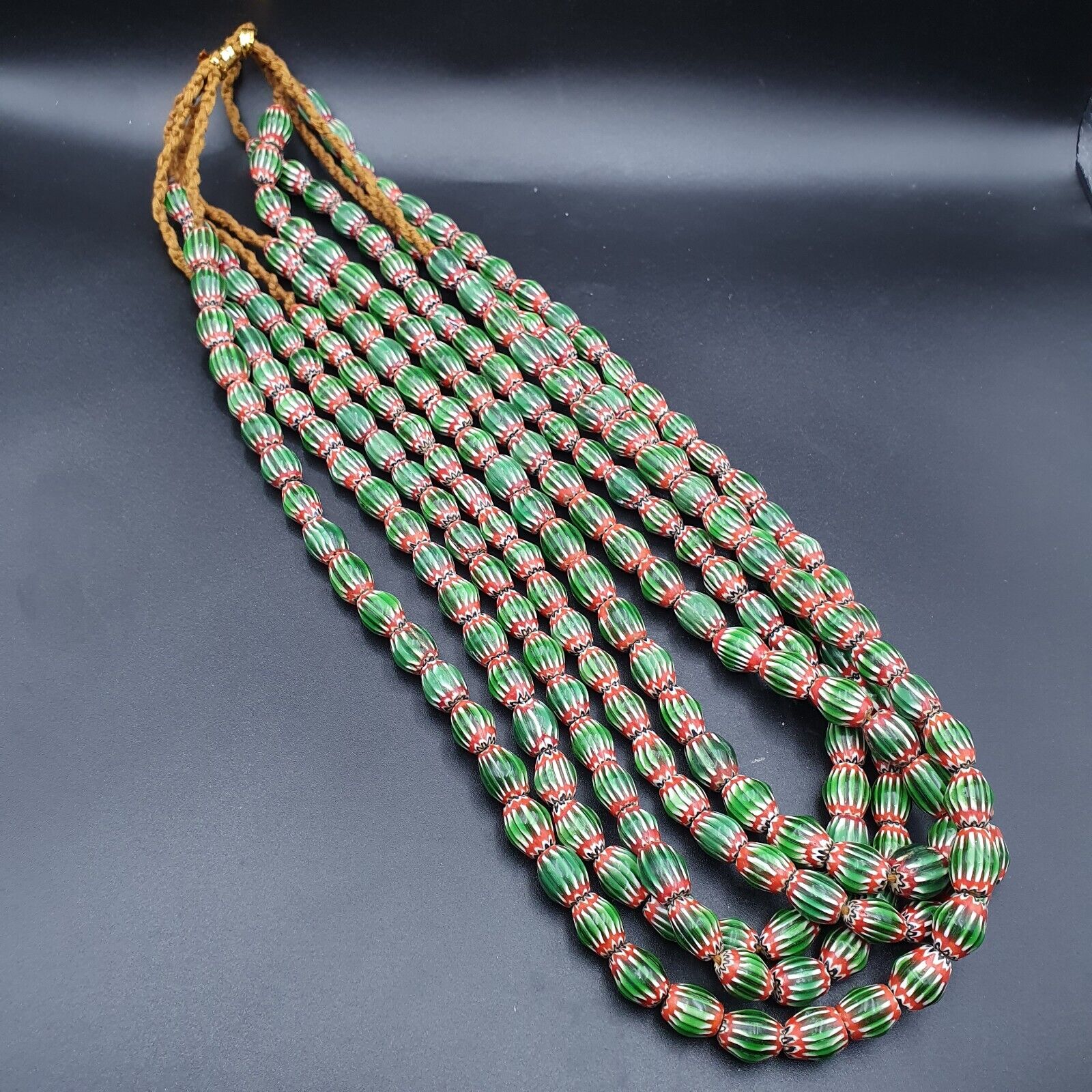Vintage Venetian African Style Green Glass Chevron 9mmx13mm Beads Long Strand