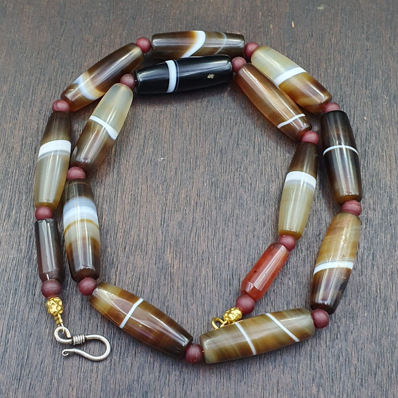 Lot 15 Antique Old Yemeni Agate Natural Rare pattern Banded Agate Beads Necklace