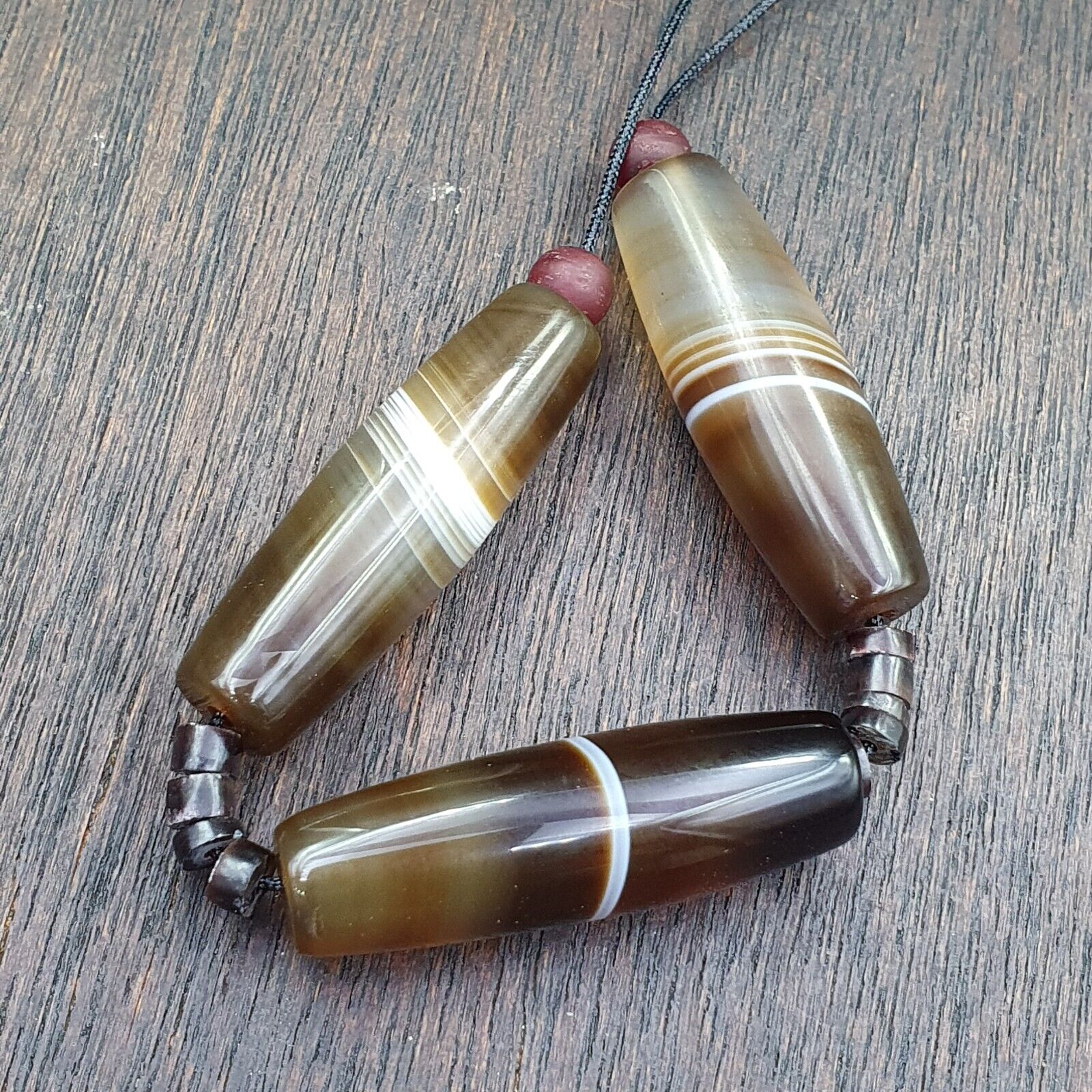 Lot 3 Antique Old Yemeni Agate Natural Rare pattern Banded Agate Beads Necklace