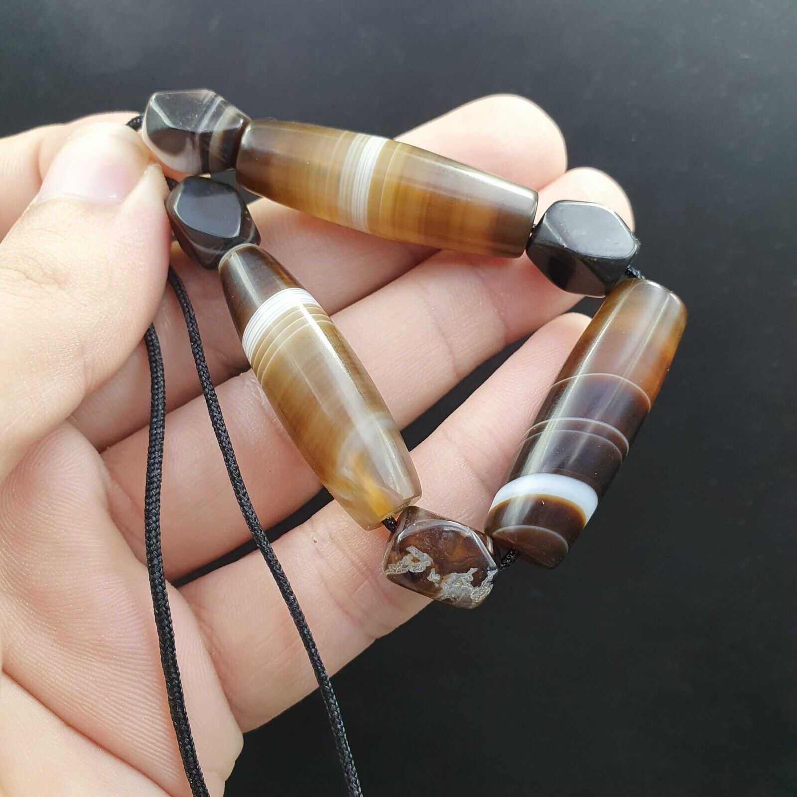 Lot 3 Antique Old Yemeni Agate Natural Rare pattern Banded Agate Beads Necklace