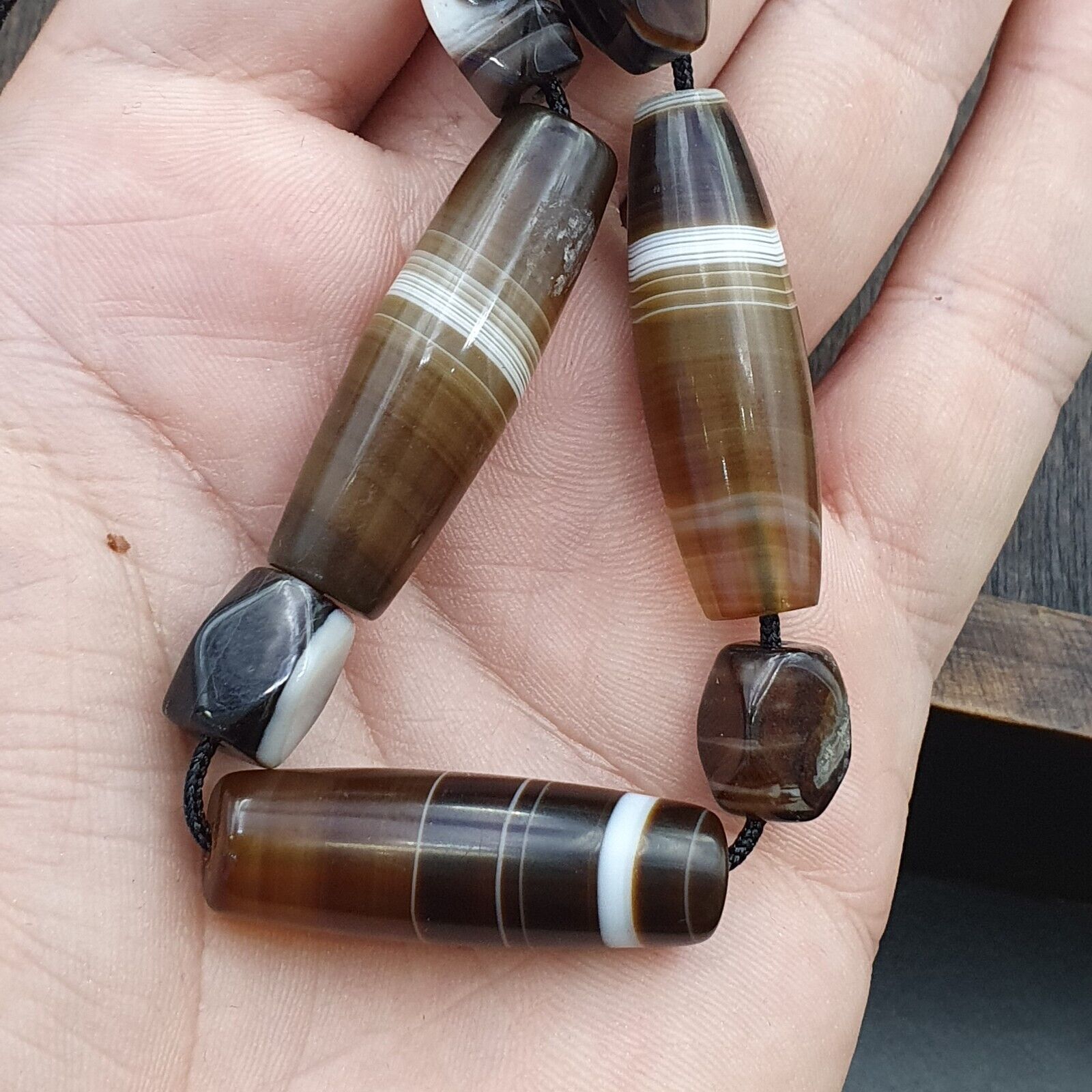 Lot 3 Antique Old Yemeni Agate Natural Rare pattern Banded Agate Beads Necklace