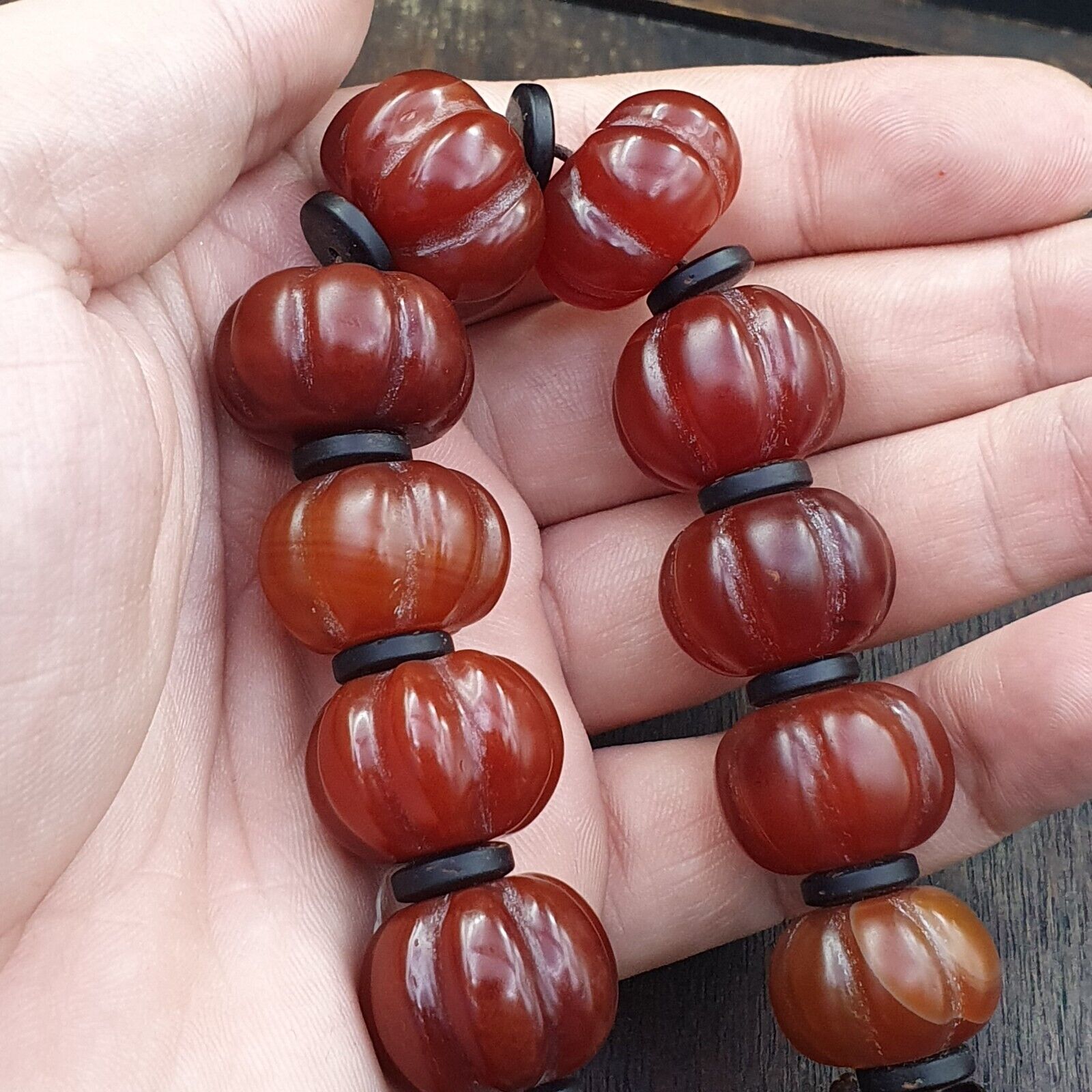 Lot 11 Antique Himalayan Tibetan Carnelian Carved Agate Beads Melon Shape Beads