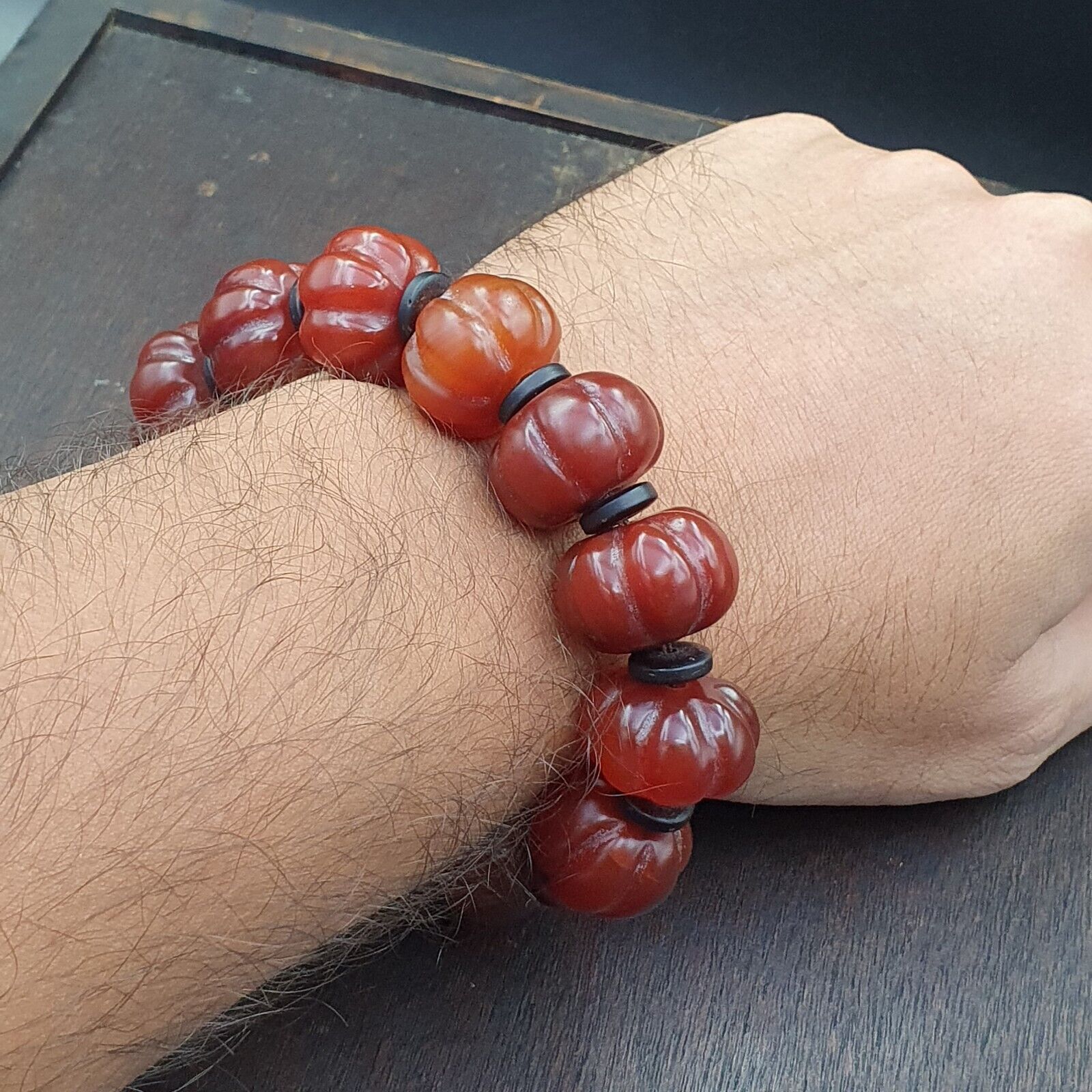 Lot 11 Antique Himalayan Tibetan Carnelian Carved Agate Beads Melon Shape Beads