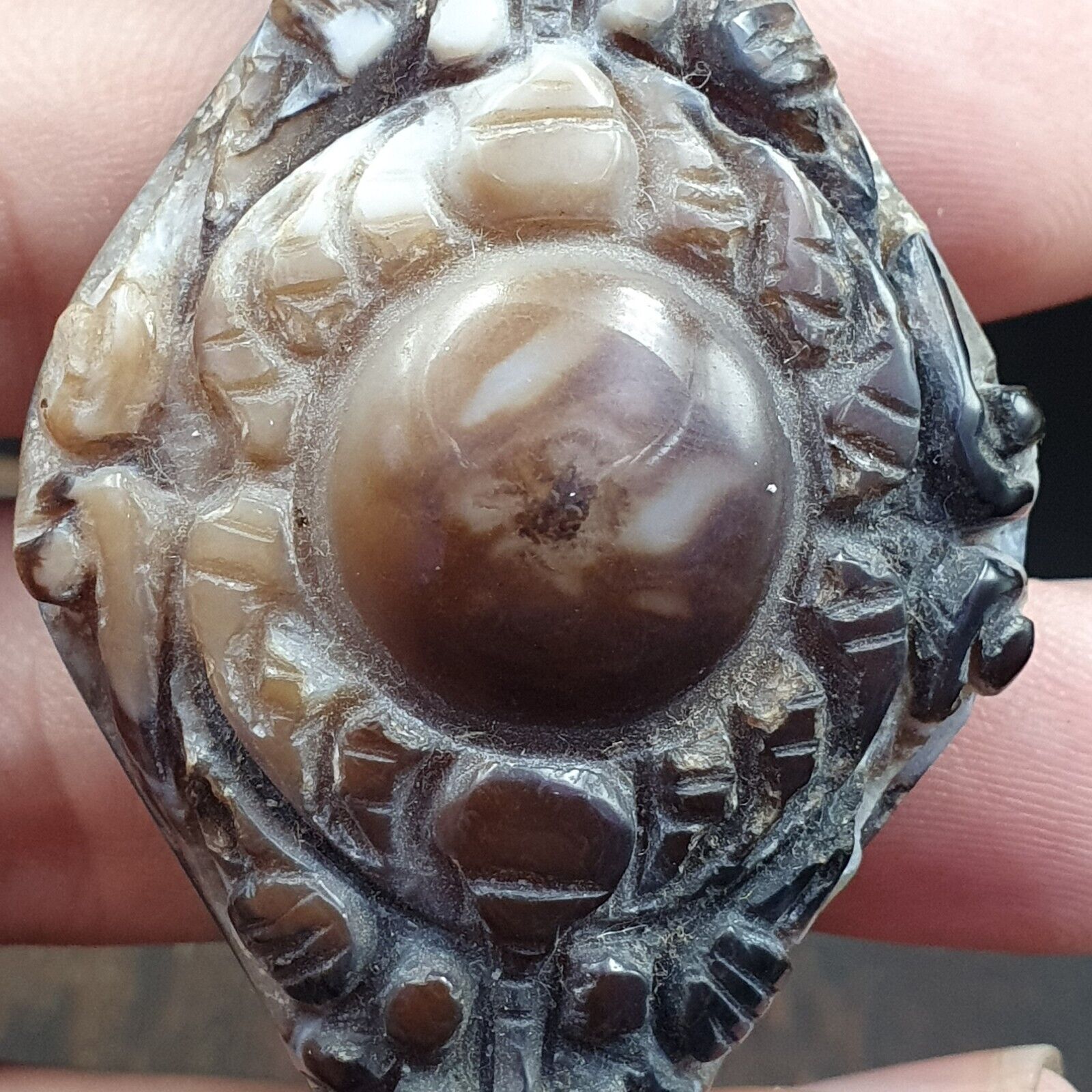 Antiker tibetischer Himalaya-Achatperlen-Anhänger mit Sterlingsilber