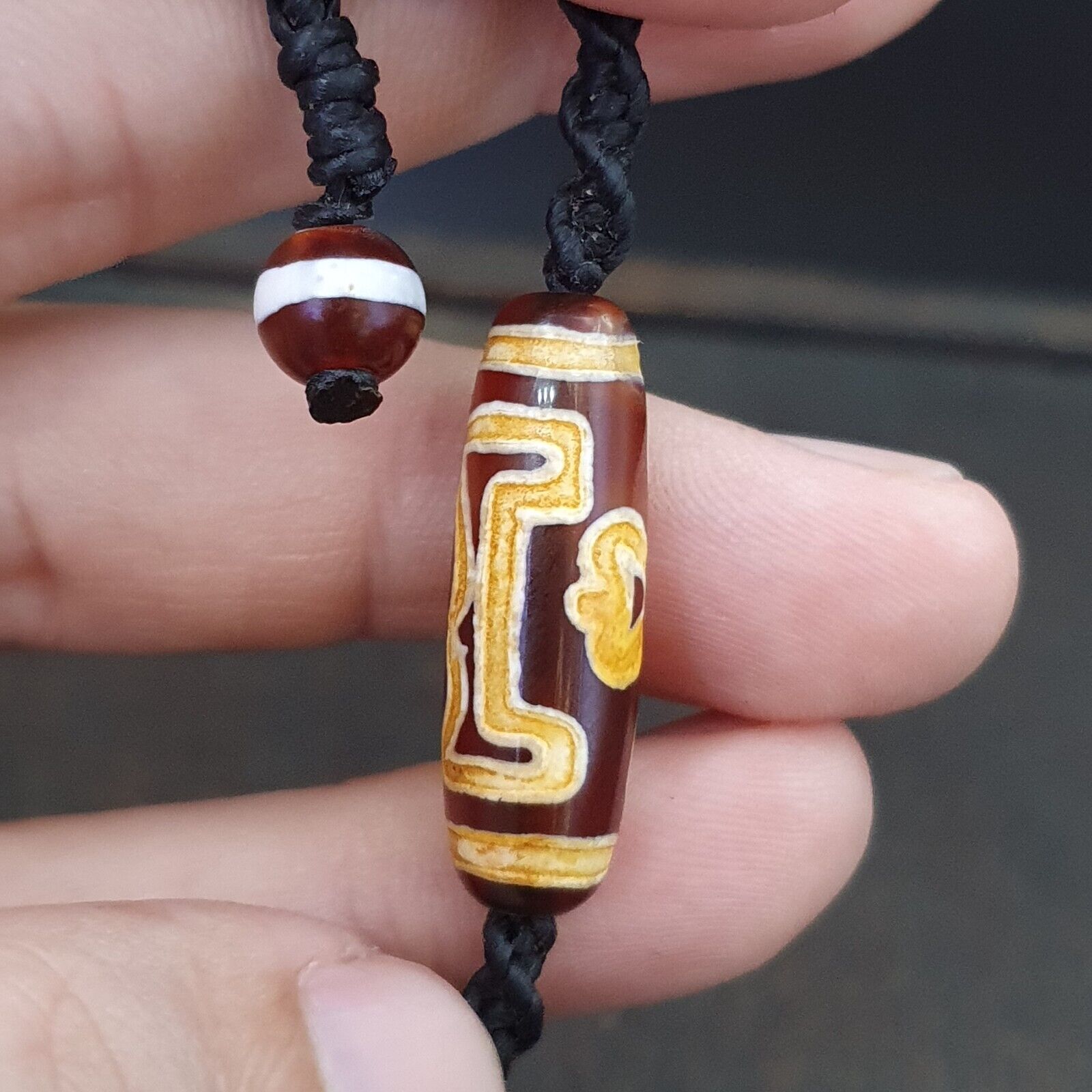 3 eyes Taiwan Etched Age bead old amulet Red Agate Vintage pendant Necklace
