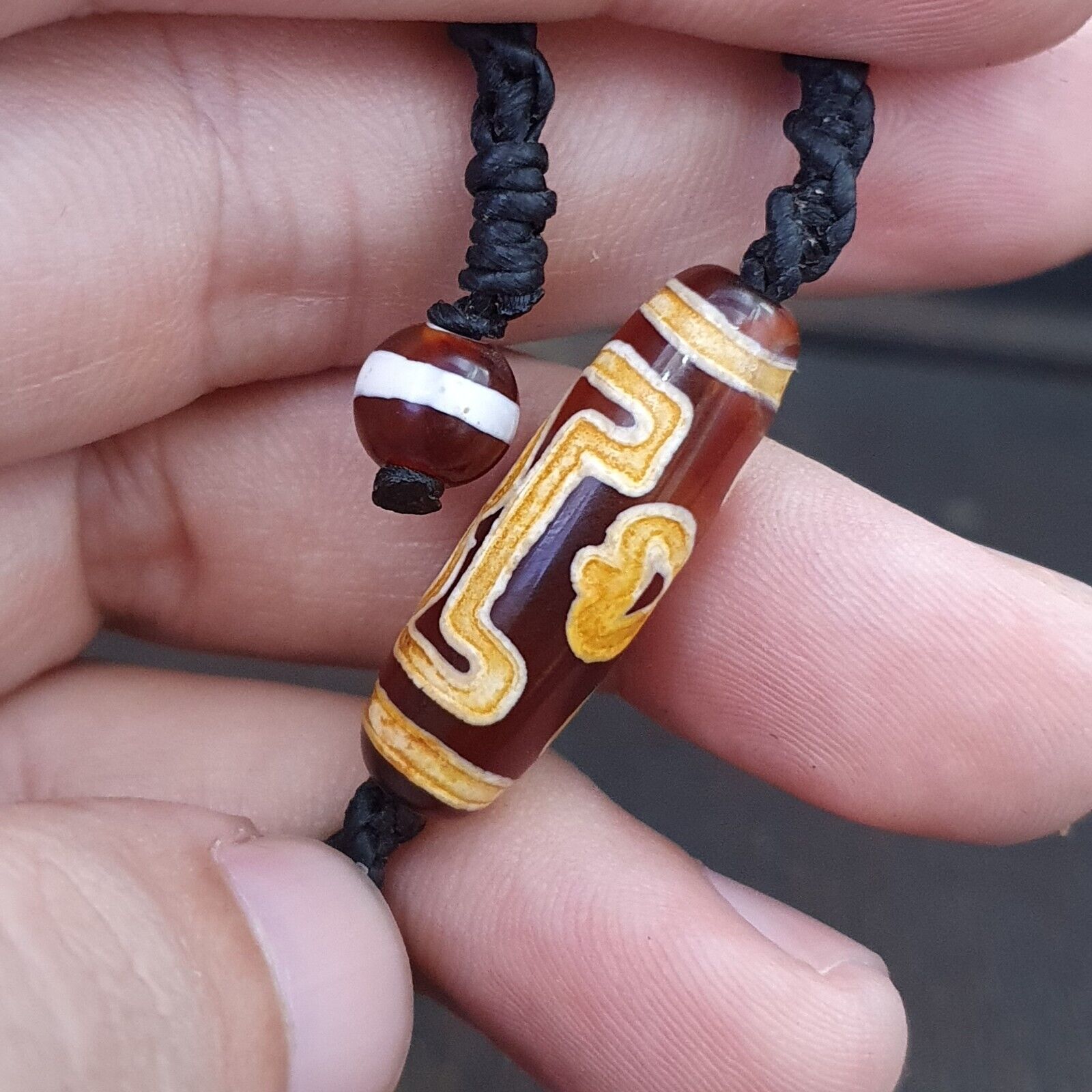 3 eyes Taiwan Etched Age bead old amulet Red Agate Vintage pendant Necklace
