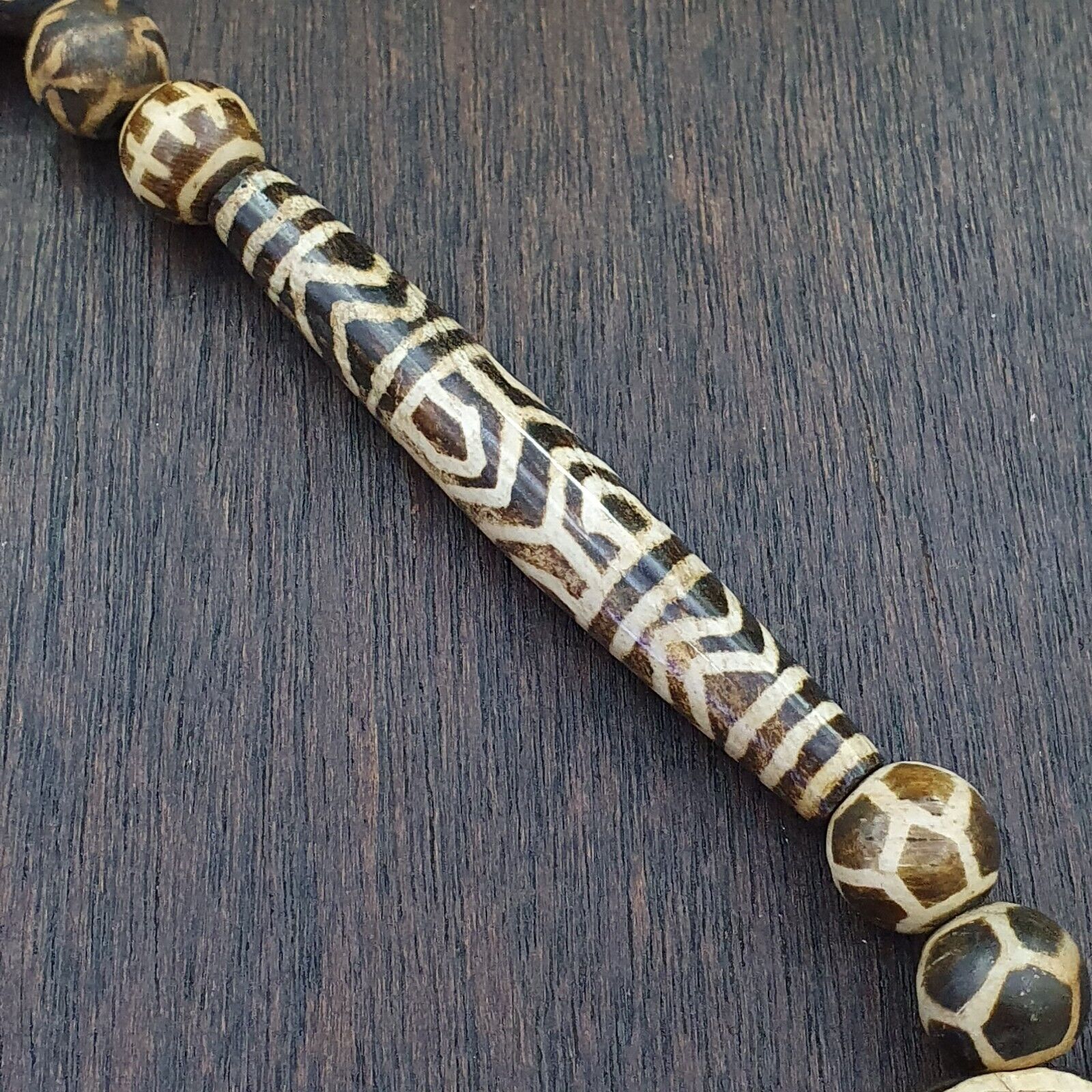 RARE Very Old PUMTEK BEADS Necklace Palmwood Great Patterns Necklace NC22