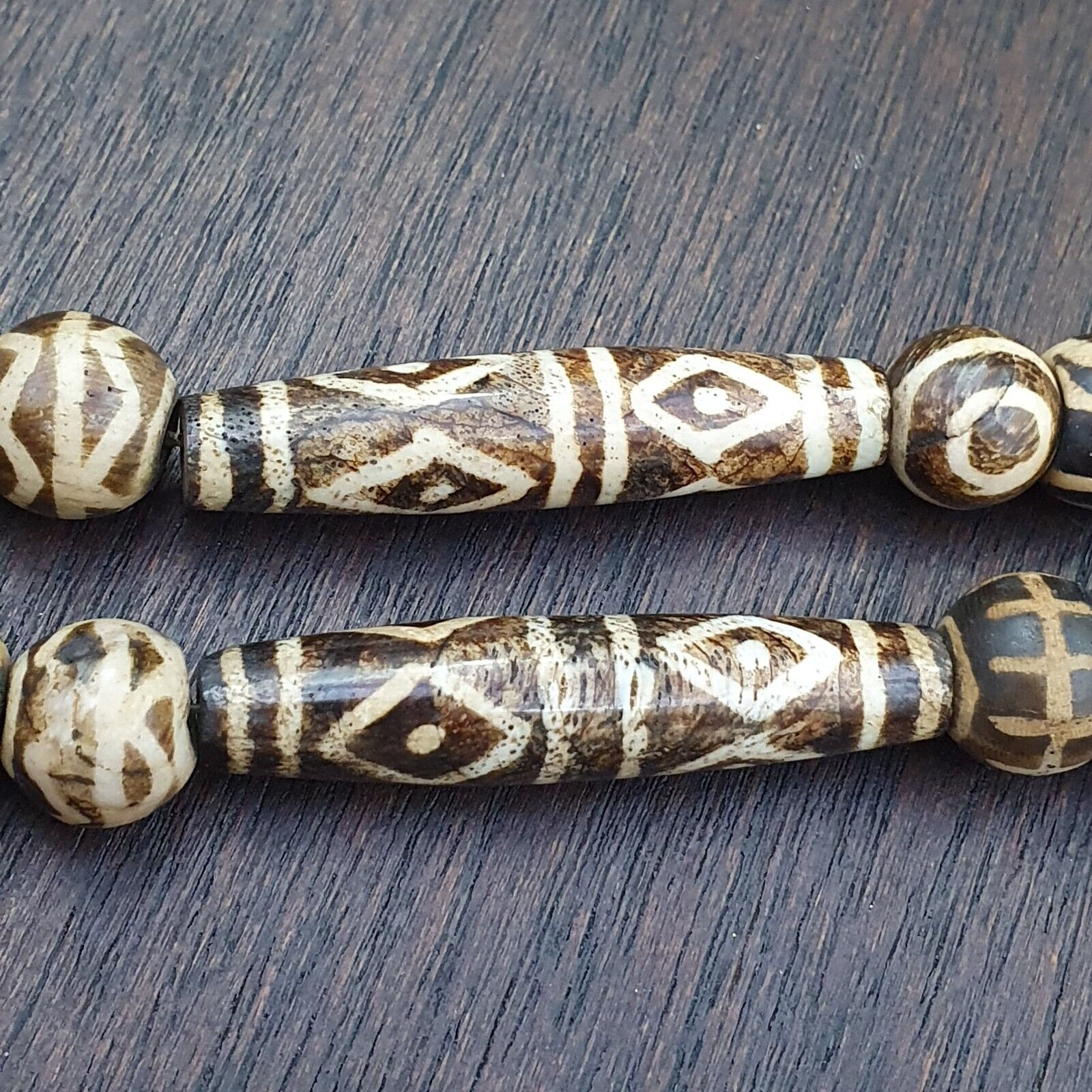 RARE Very Old PUMTEK BEADS Necklace Palmwood Great Patterns Necklace NC22