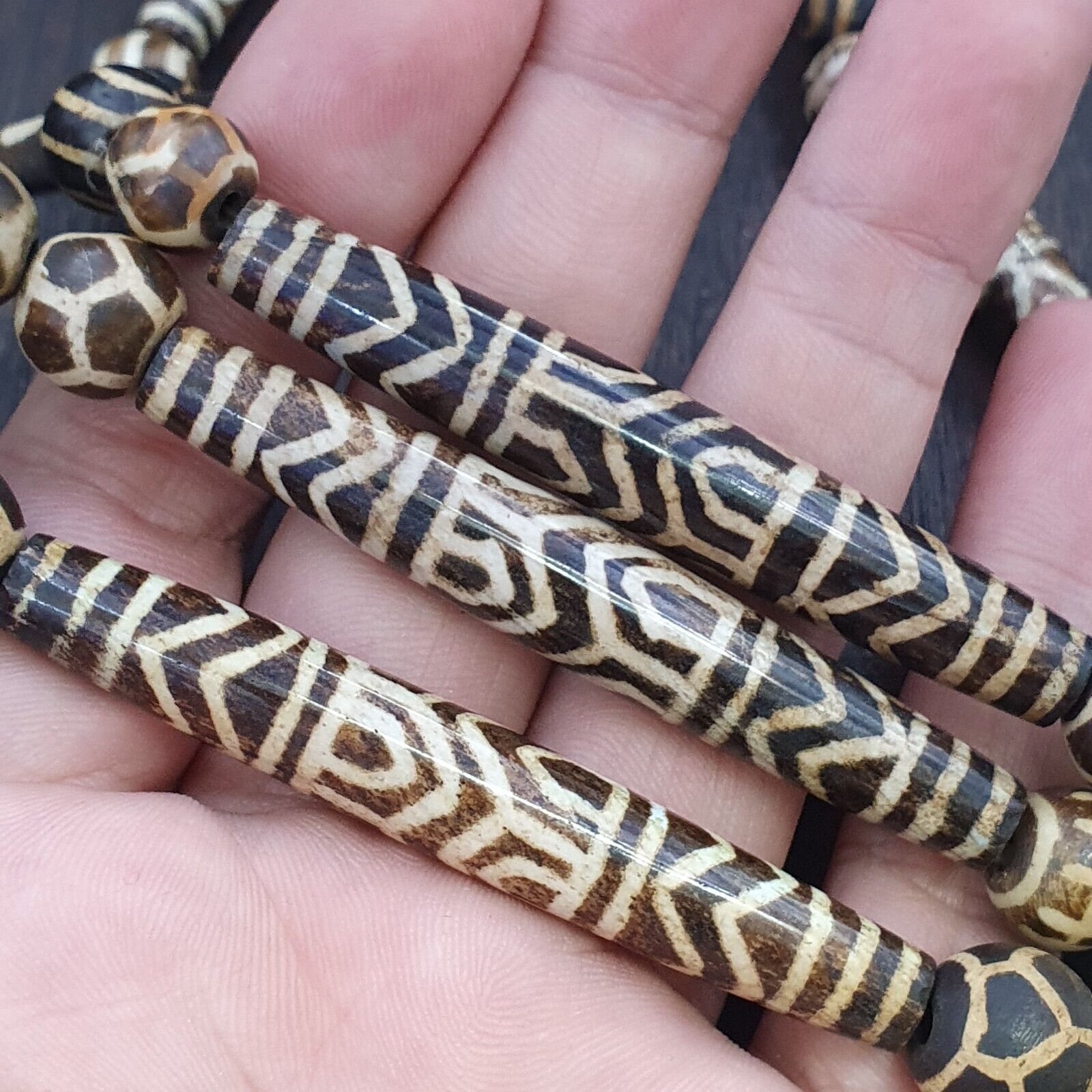 RARE Very Old PUMTEK BEADS Necklace Palmwood Great Patterns Necklace NC22