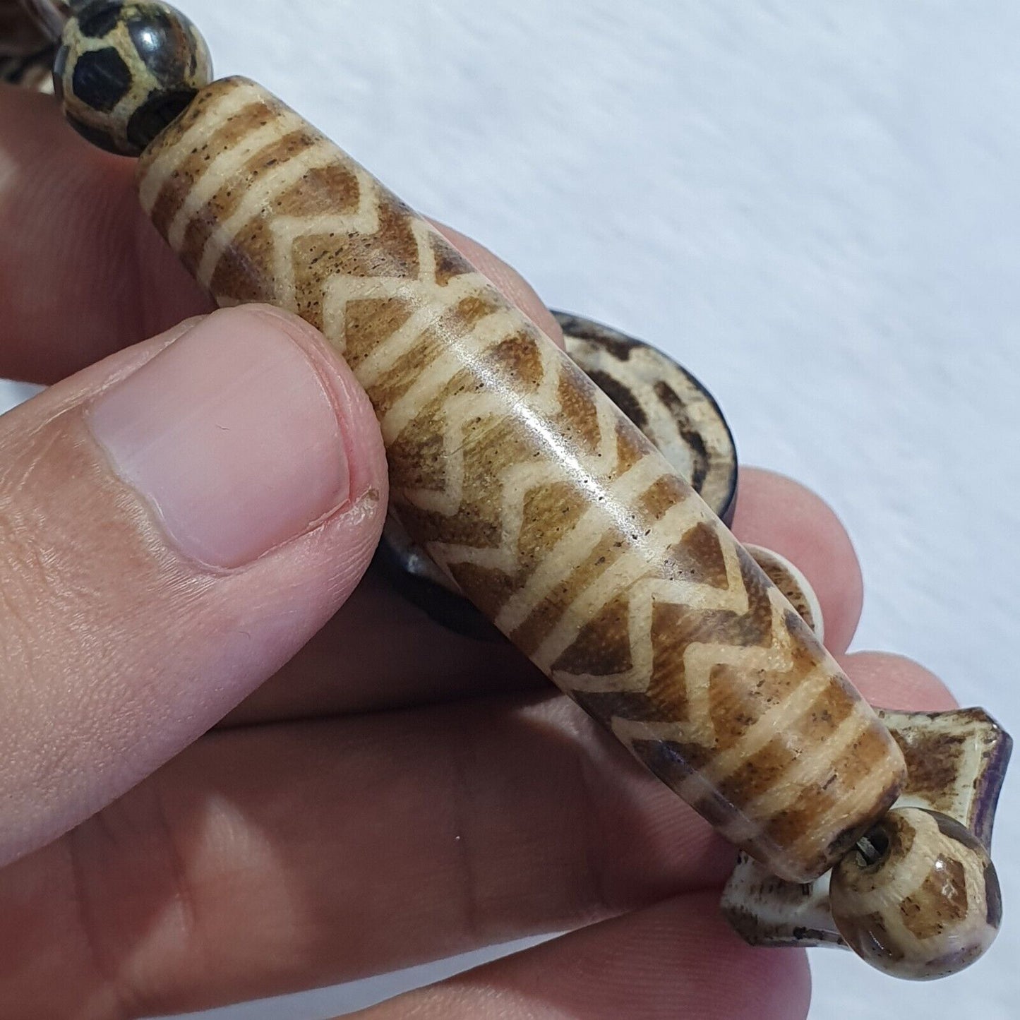 稀有非常古老的 PUMTEK 珠子項鍊石化木精美圖案項鍊 NC45