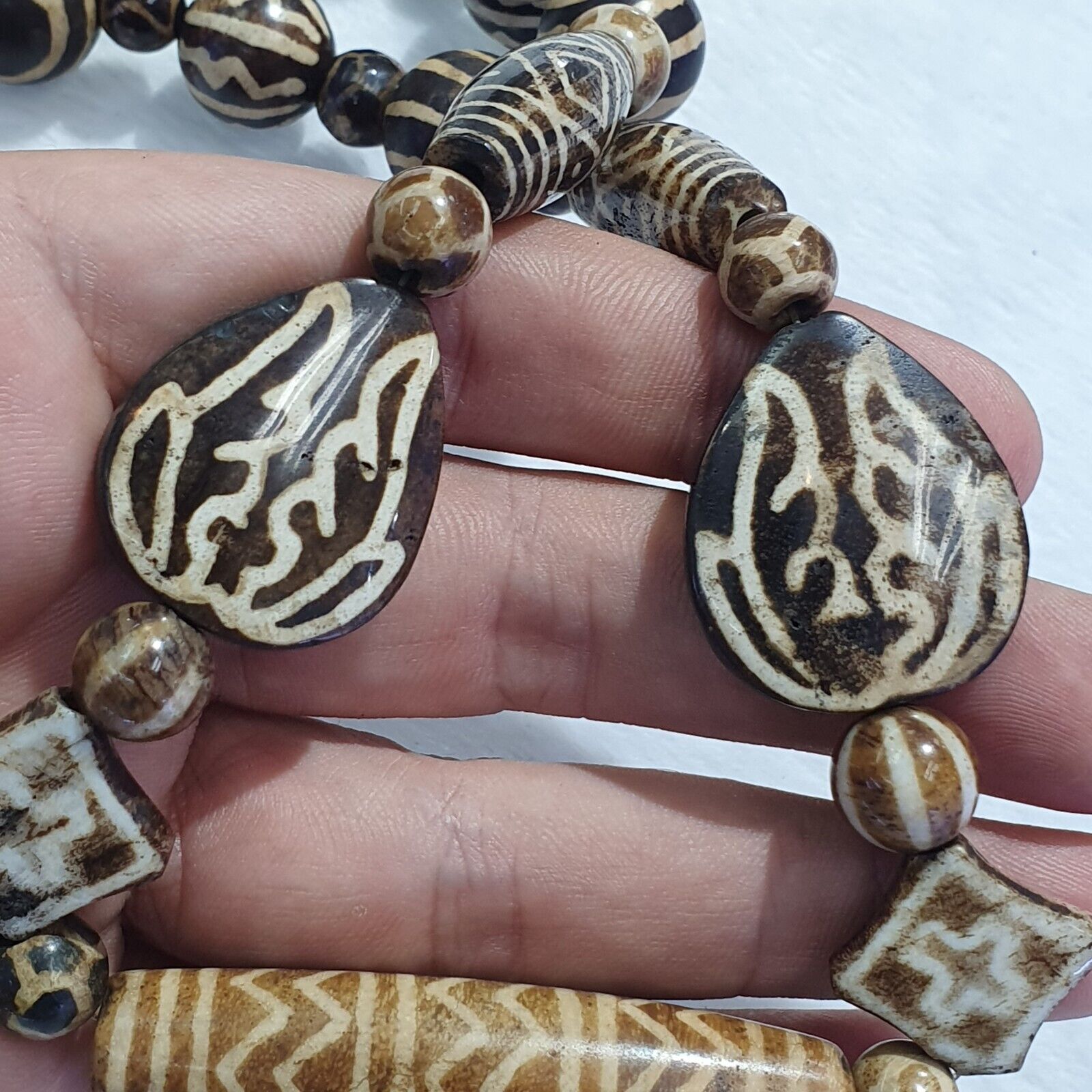 RARE Very Old PUMTEK BEADS Necklace petrifiedwood Great Patterns Necklace NC45