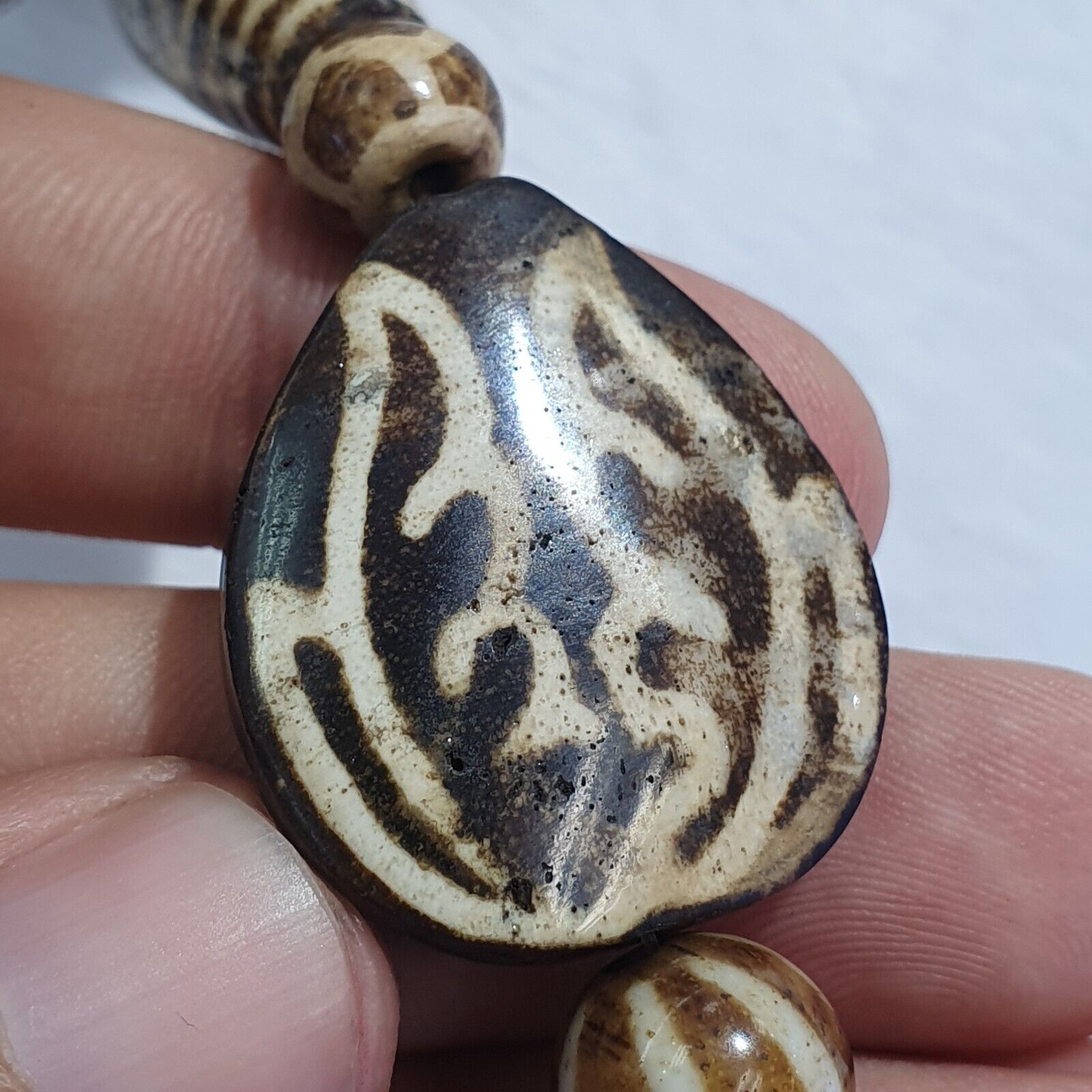 RARE Very Old PUMTEK BEADS Necklace petrifiedwood Great Patterns Necklace NC45