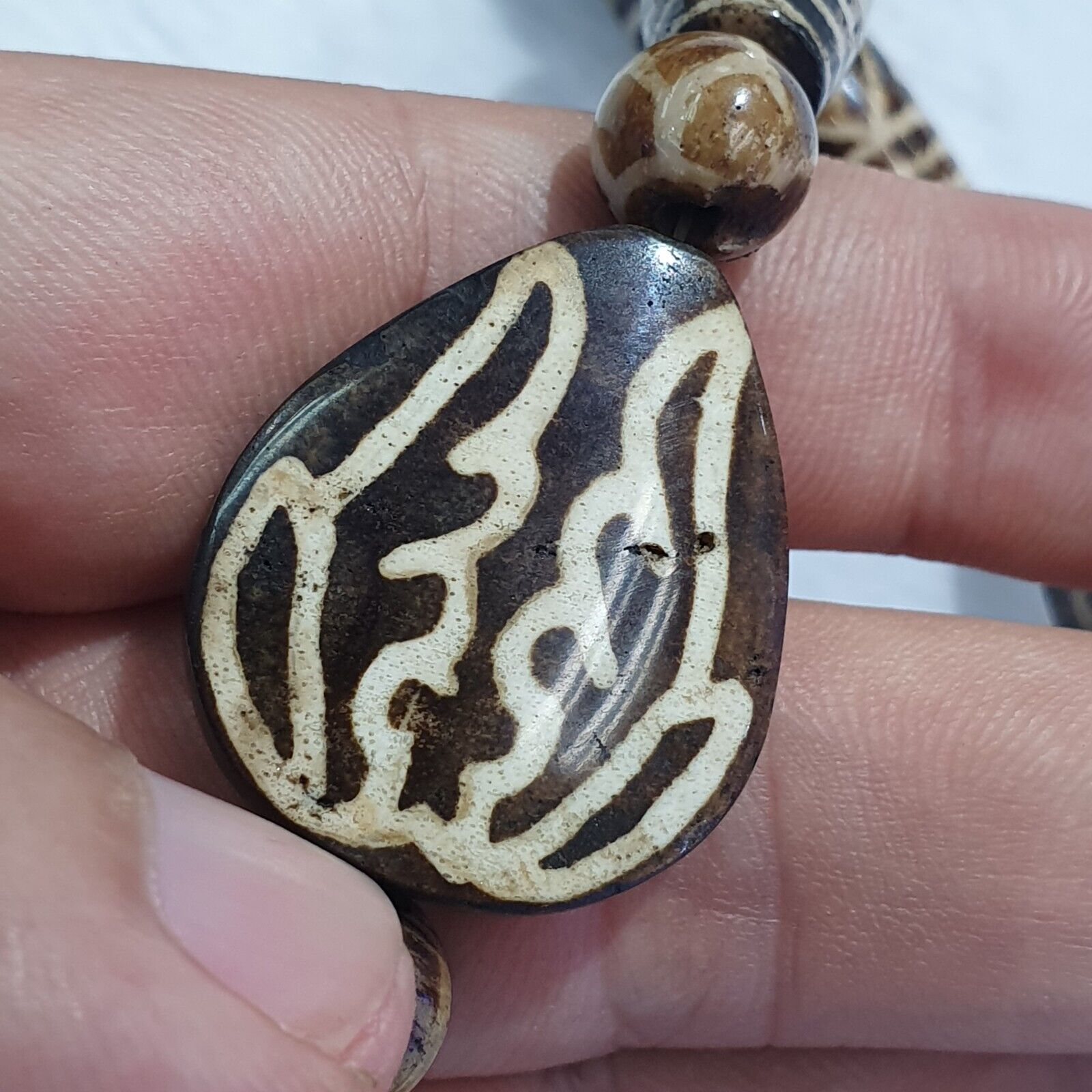 RARE Very Old PUMTEK BEADS Necklace petrifiedwood Great Patterns Necklace NC45