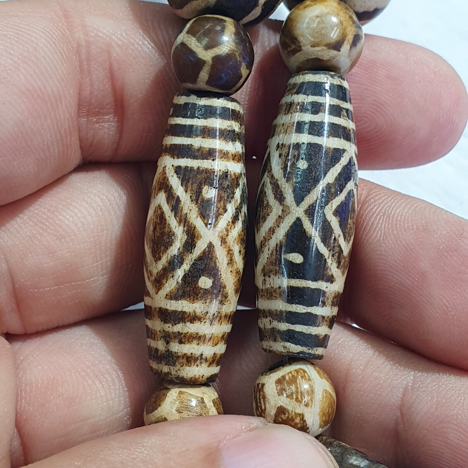 RARE Very Old PUMTEK BEADS Necklace petrifiedwood Great Patterns Necklace NC45