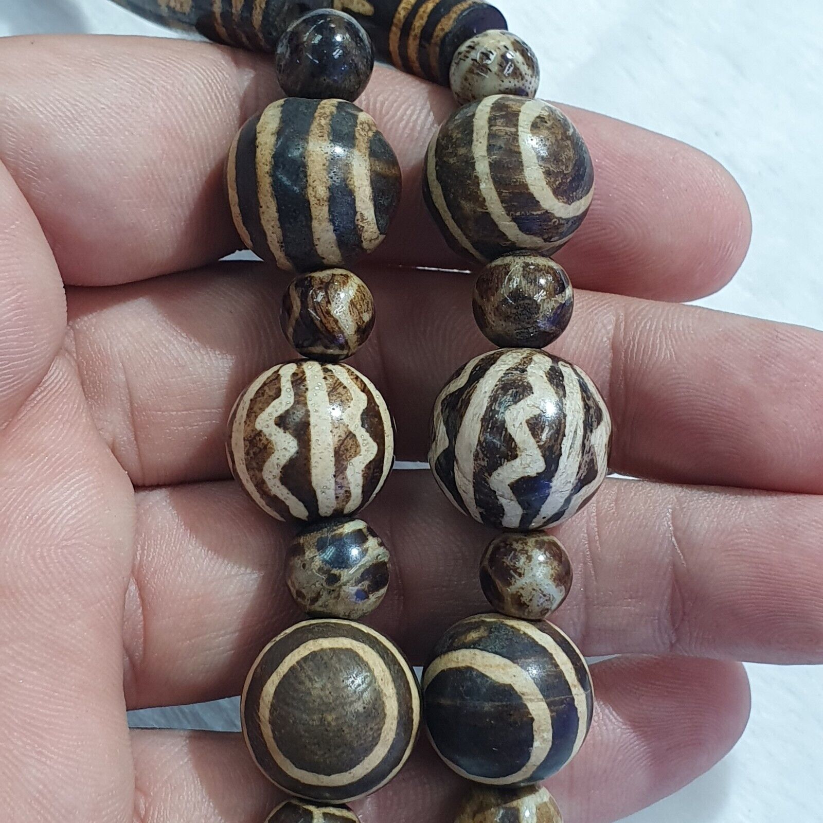 RARE Very Old PUMTEK BEADS Necklace petrifiedwood Great Patterns Necklace NC45