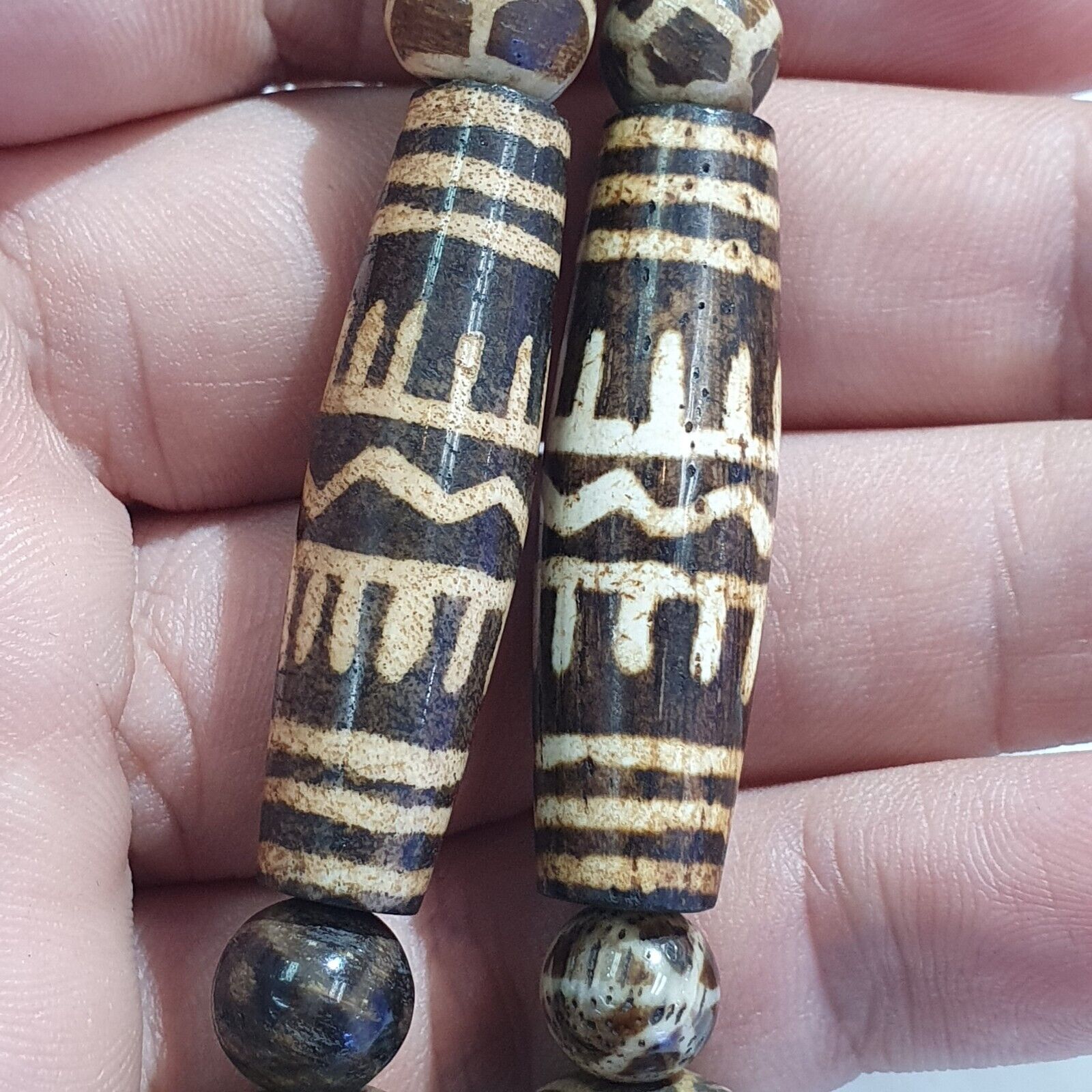 RARE Very Old PUMTEK BEADS Necklace petrifiedwood Great Patterns Necklace NC45