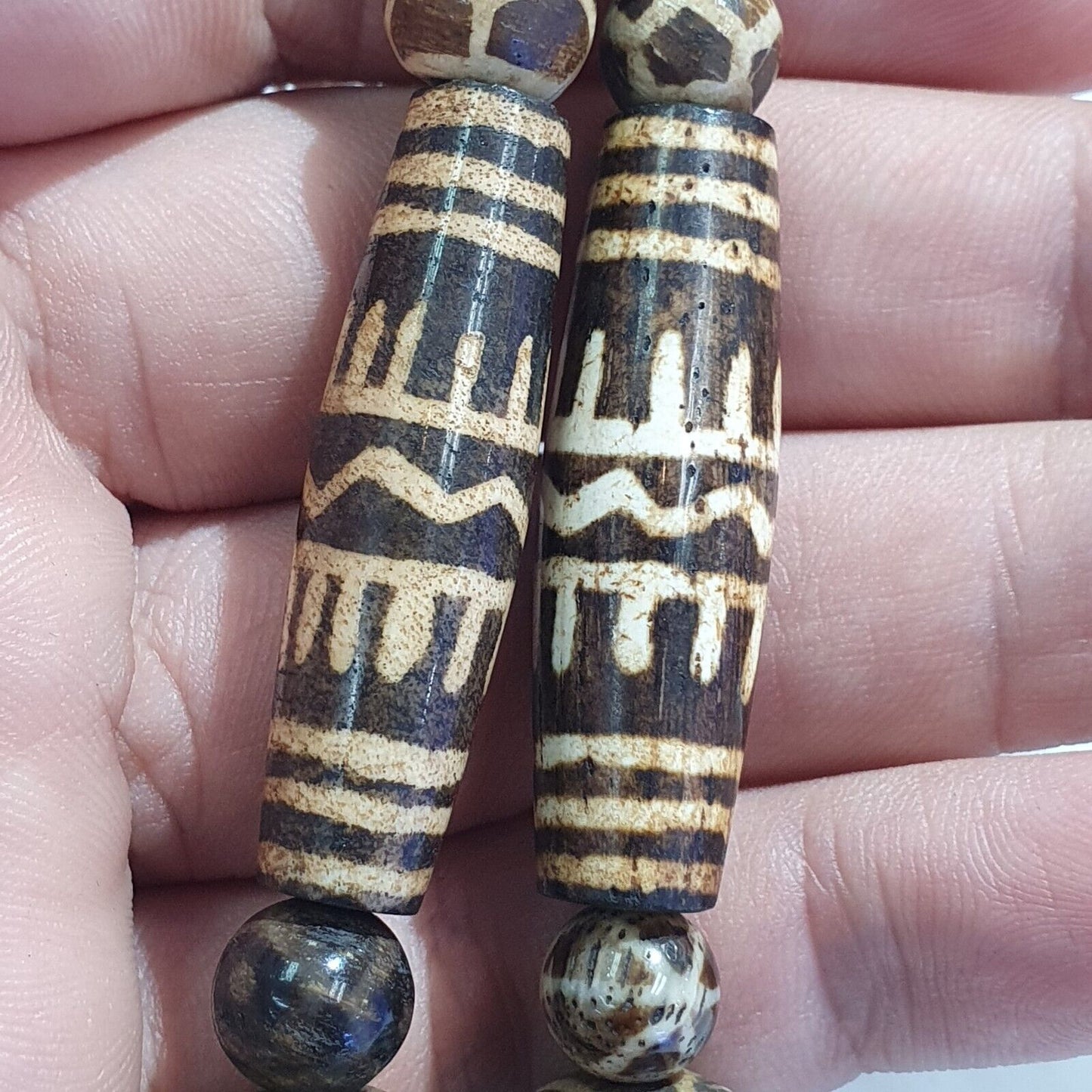 稀有非常古老的 PUMTEK 珠子項鍊石化木精美圖案項鍊 NC45