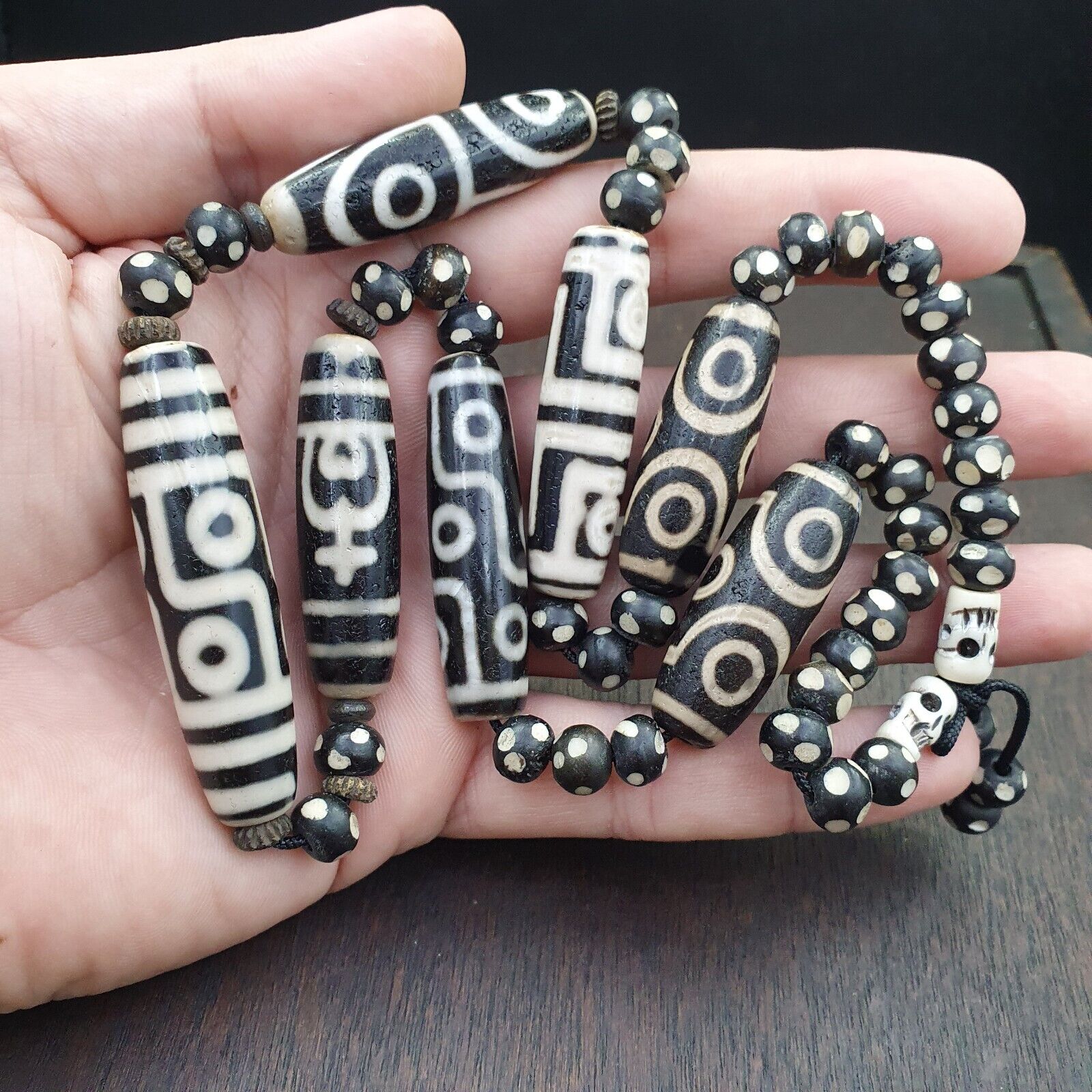 Lot 7 Antique Himalayan Tibetan Black Agate Eye Beads Dzi  Bead Amulet Necklace