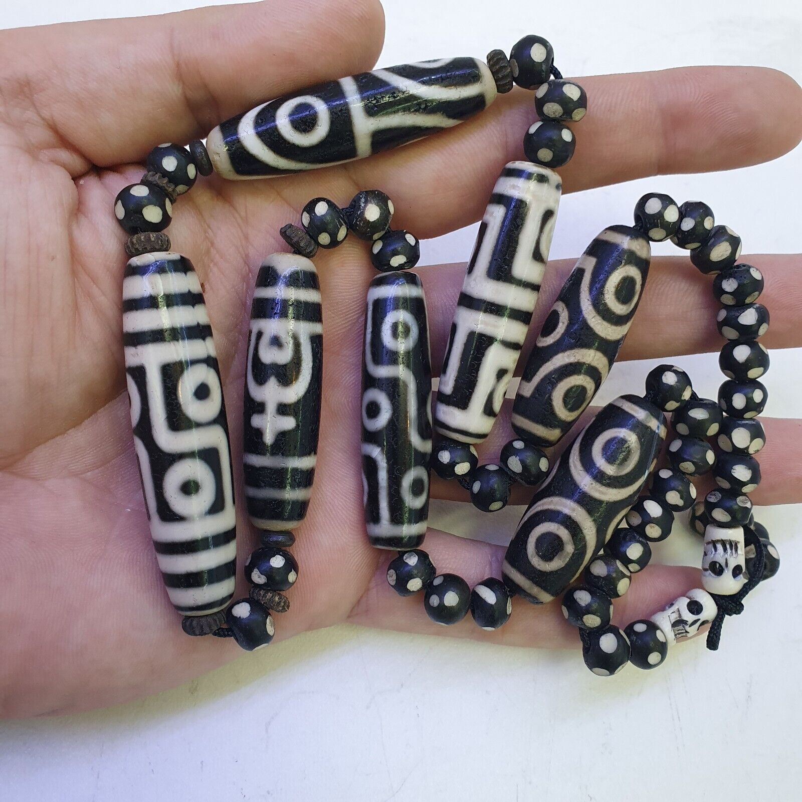 Lot 7 Antique Himalayan Tibetan Black Agate Eye Beads Dzi  Bead Amulet Necklace