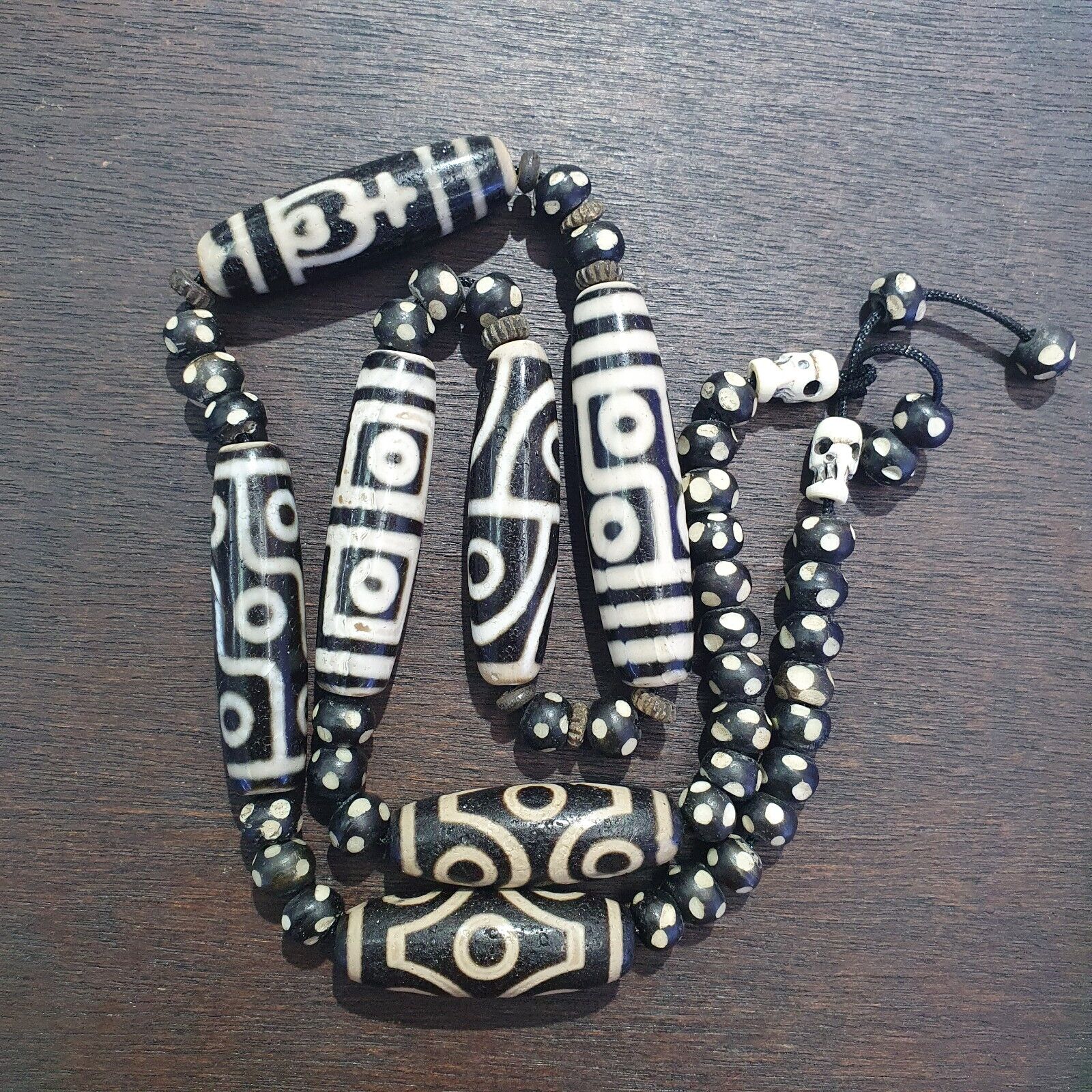 Lot 7 Antique Himalayan Tibetan Black Agate Eye Beads Dzi  Bead Amulet Necklace