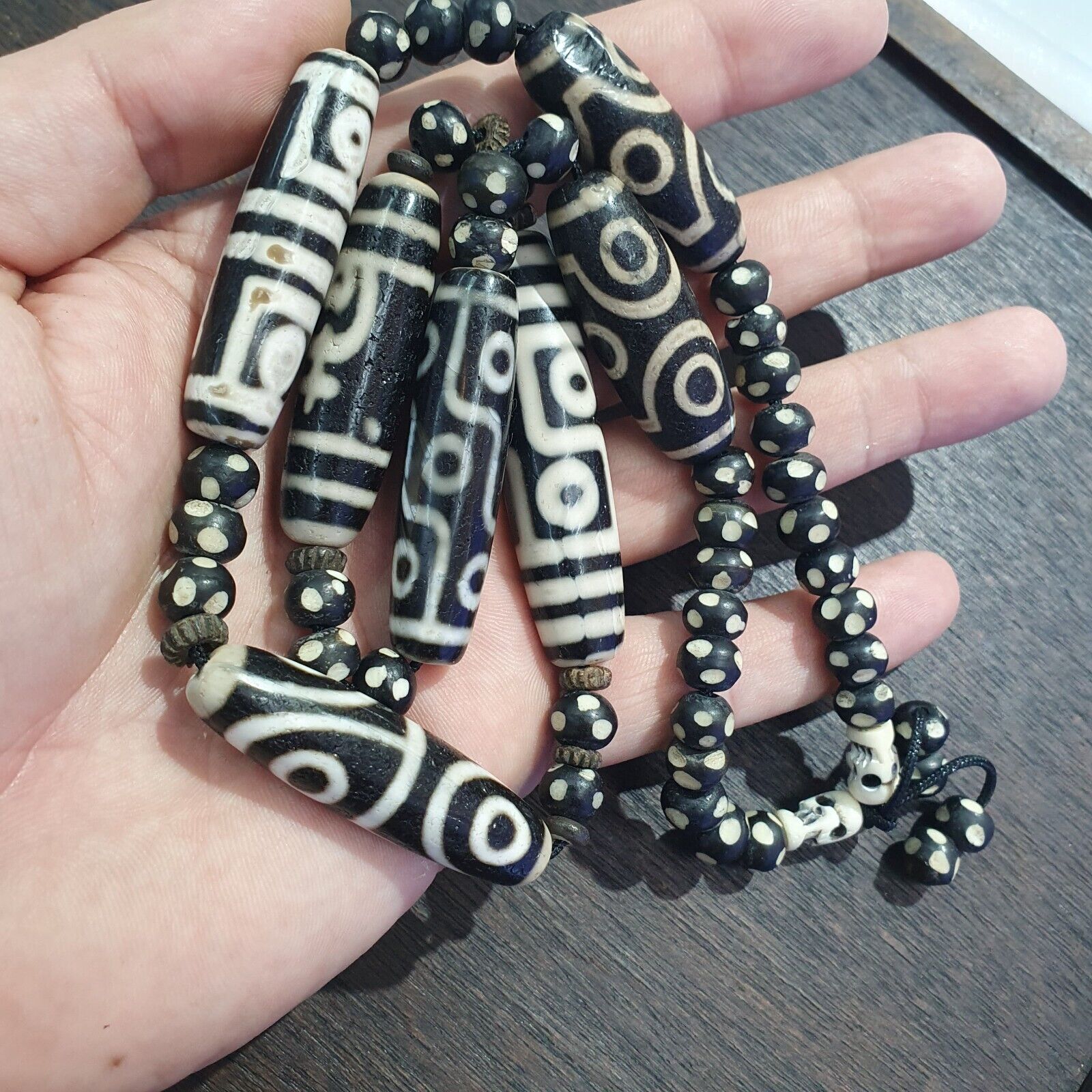 Lot 7 Antique Himalayan Tibetan Black Agate Eye Beads Dzi  Bead Amulet Necklace