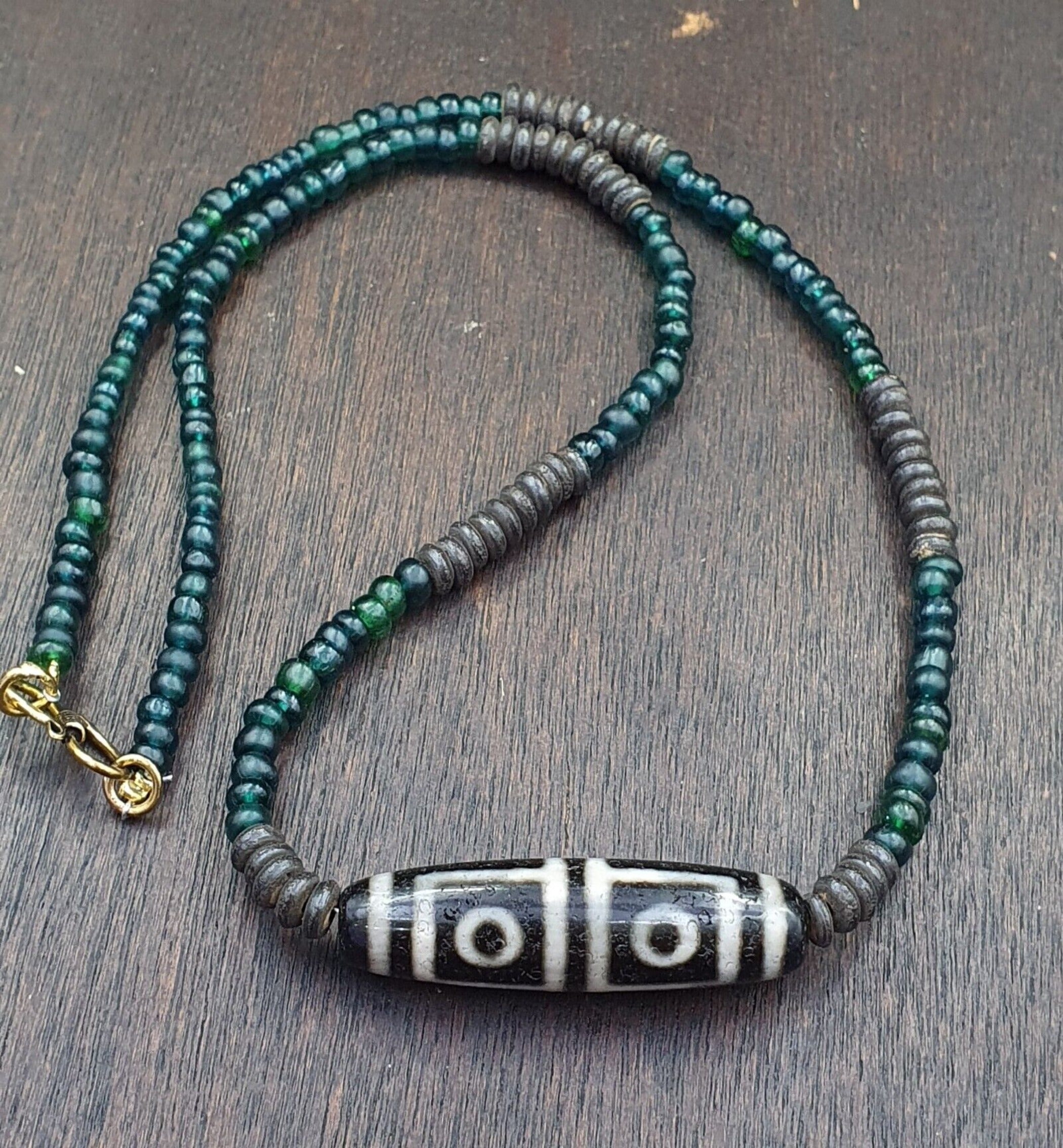 4 Eyes Pattern Antique Black Tibetan Agate Dzi  Bead Amulet Necklace