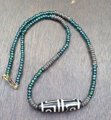 4 Eyes Pattern Antique Black Tibetan Agate Dzi  Bead Amulet Necklace