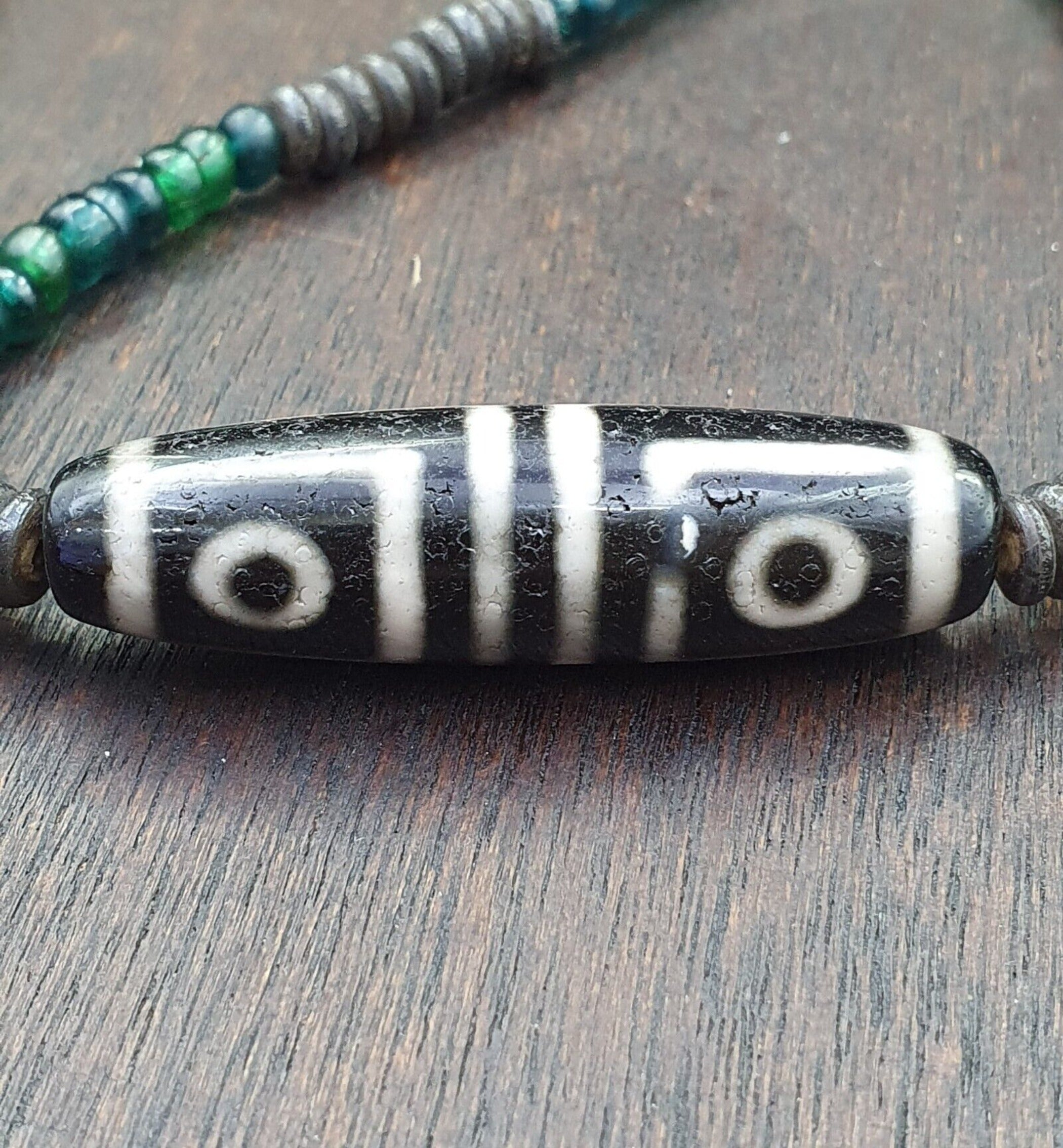 4 Eyes Pattern Antique Black Tibetan Agate Dzi  Bead Amulet Necklace
