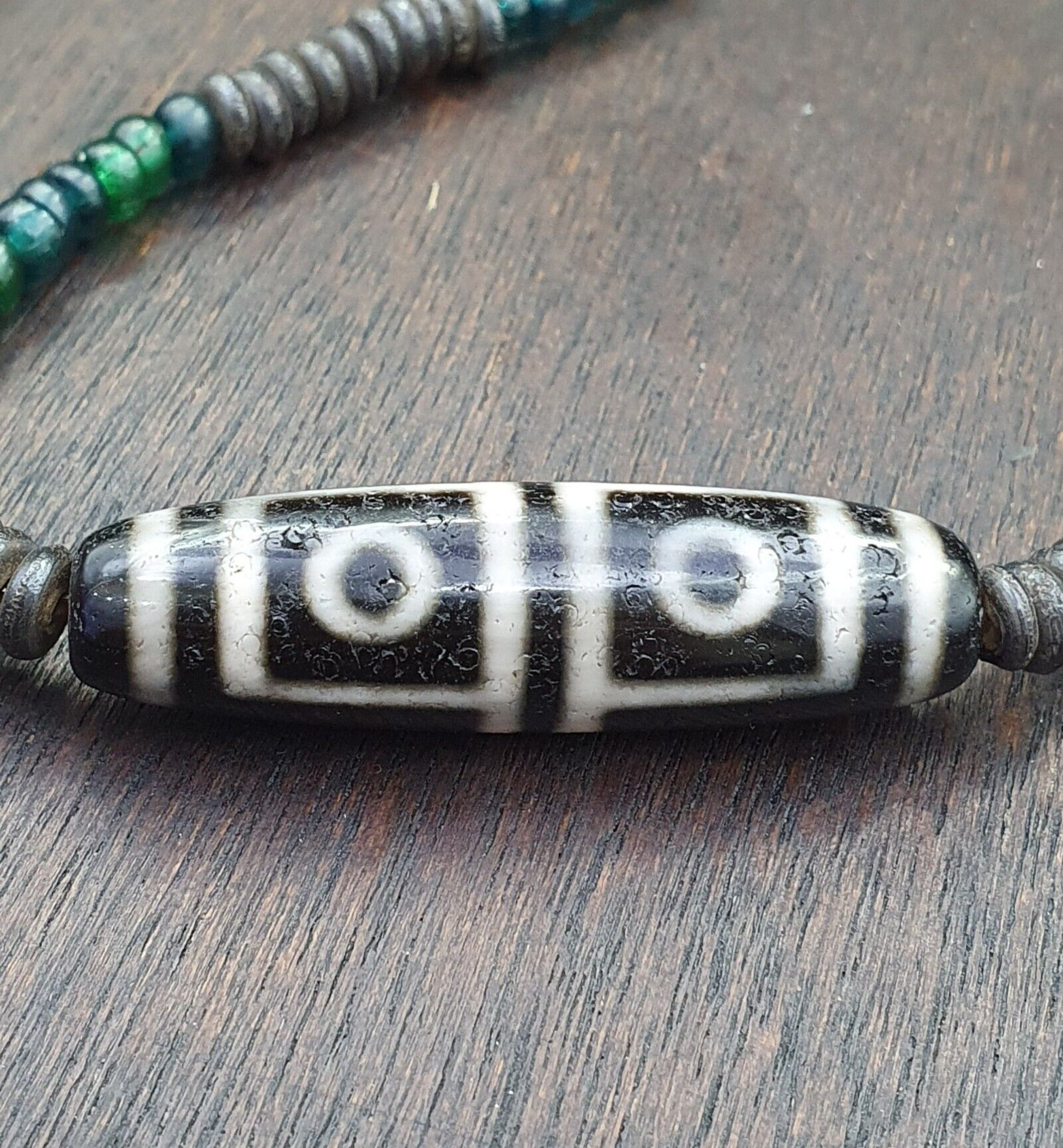 4 Eyes Pattern Antique Black Tibetan Agate Dzi  Bead Amulet Necklace