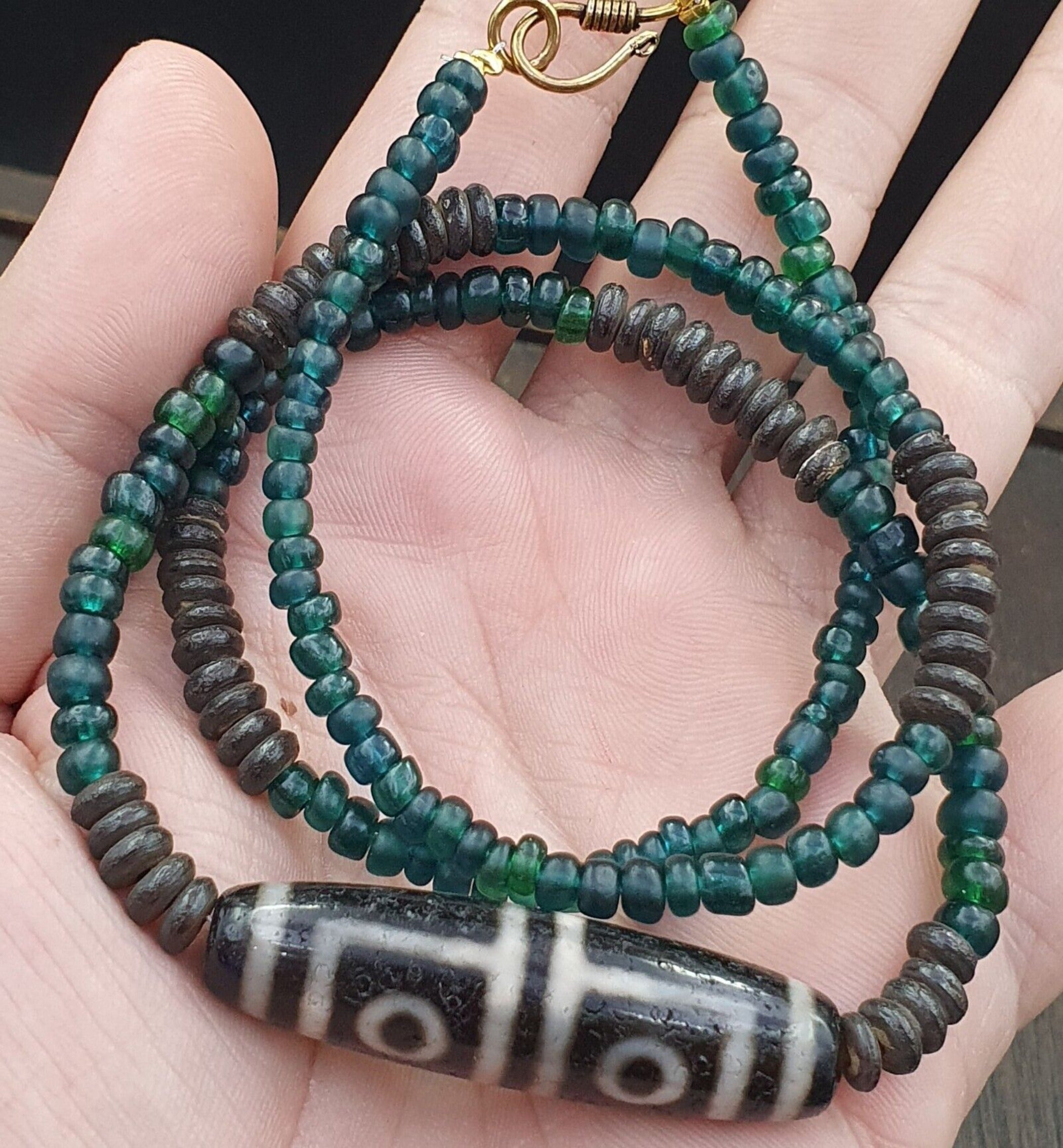 4 Eyes Pattern Antique Black Tibetan Agate Dzi  Bead Amulet Necklace