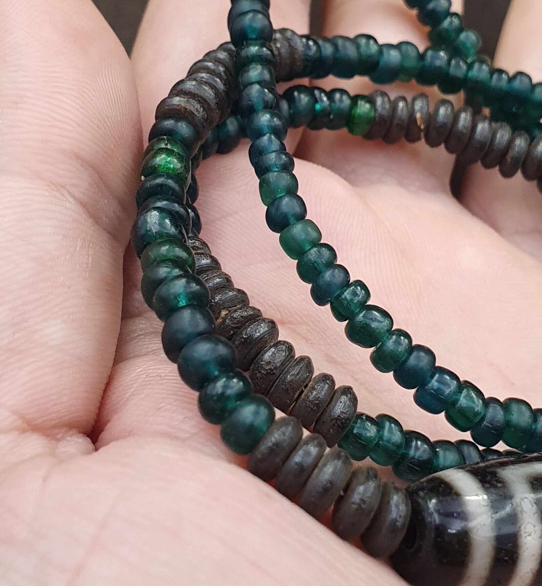 4 Eyes Pattern Antique Black Tibetan Agate Dzi  Bead Amulet Necklace