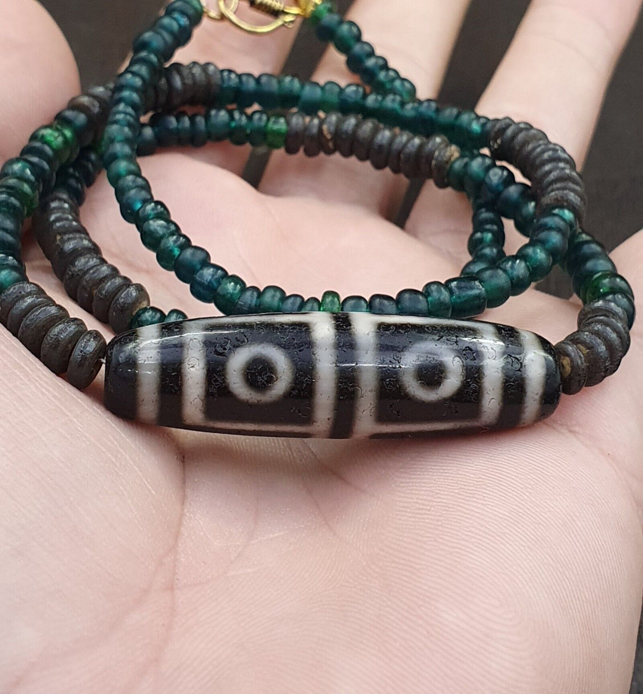 4 Eyes Pattern Antique Black Tibetan Agate Dzi  Bead Amulet Necklace