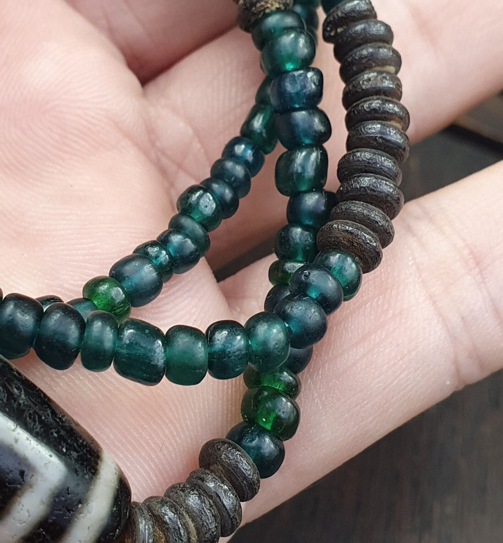 4 Eyes Pattern Antique Black Tibetan Agate Dzi  Bead Amulet Necklace
