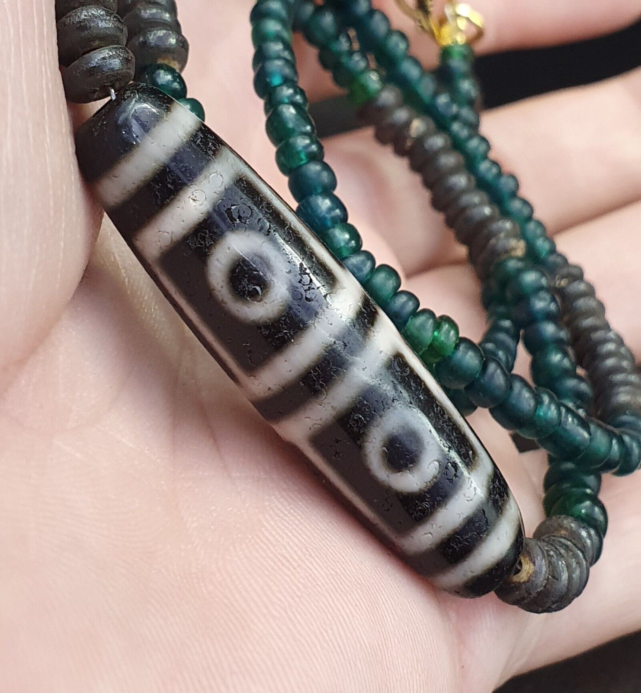 4 Eyes Pattern Antique Black Tibetan Agate Dzi  Bead Amulet Necklace