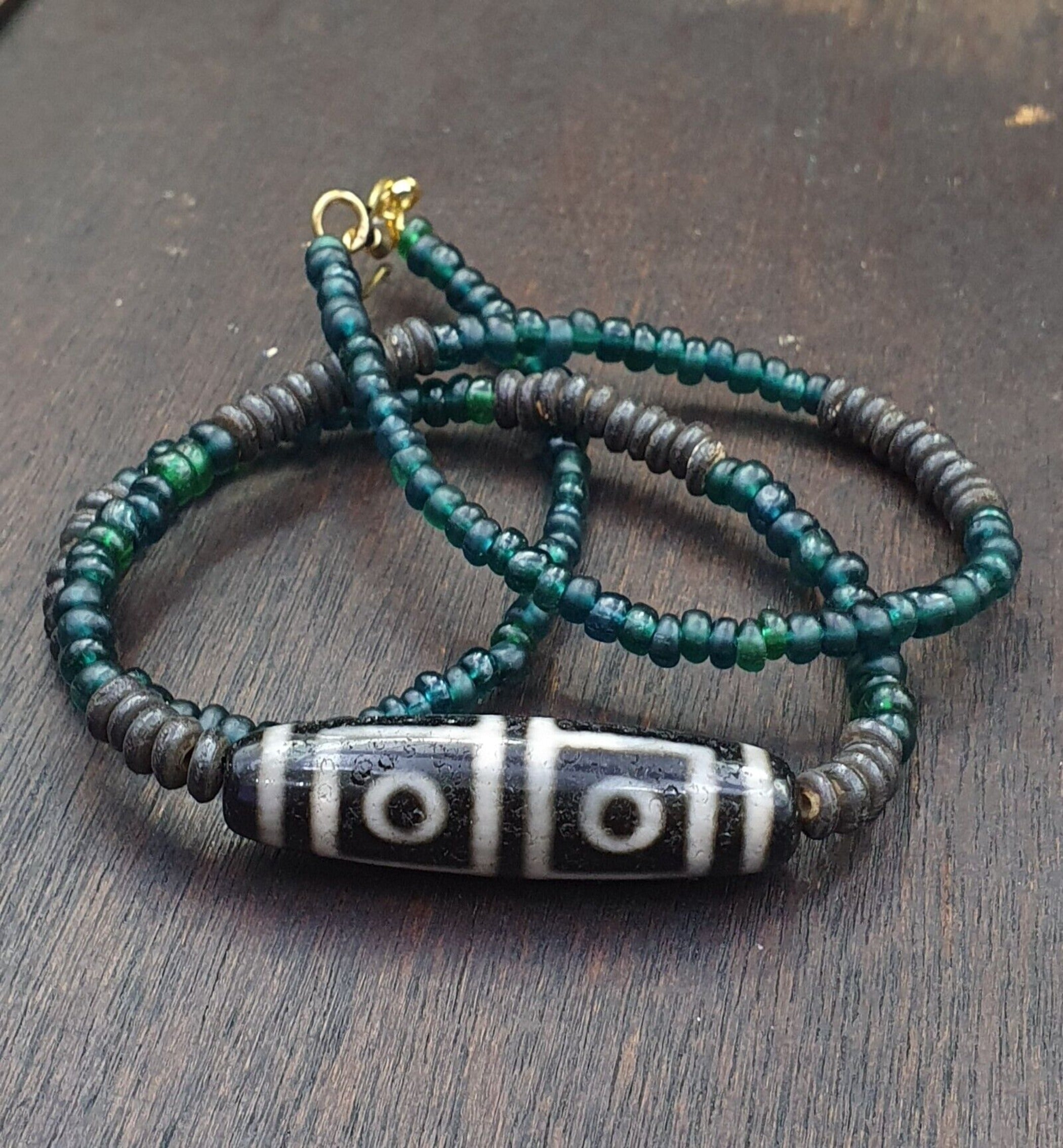 4 Eyes Pattern Antique Black Tibetan Agate Dzi  Bead Amulet Necklace