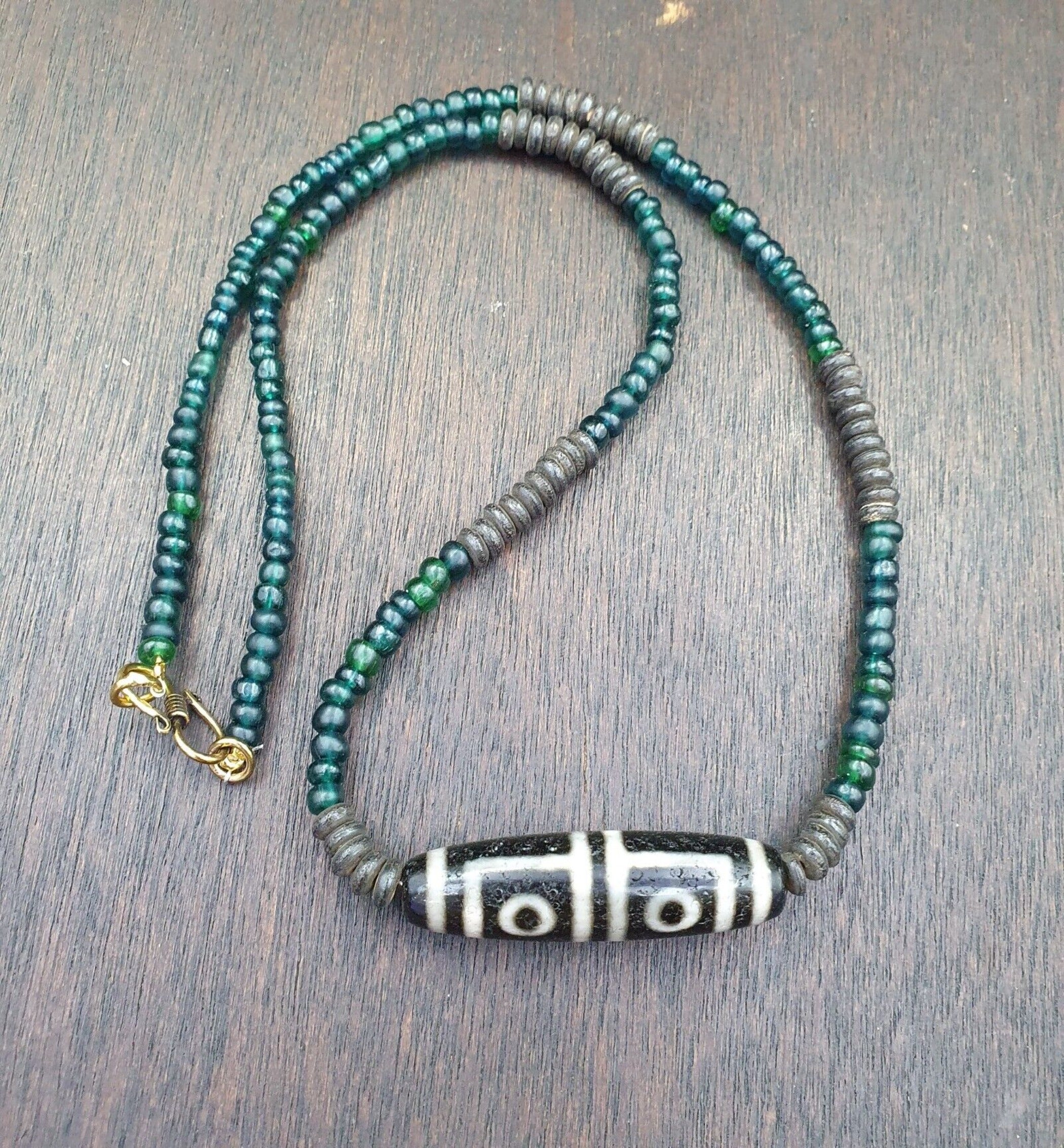 4 Eyes Pattern Antique Black Tibetan Agate Dzi  Bead Amulet Necklace