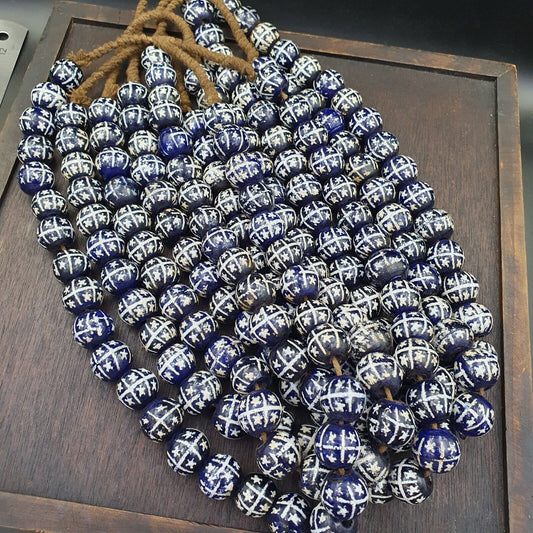 BEAUTIFUL OLD Hand Painted Etched Blue GLASS Vintage ANTIQUE BEADS 17-18mm