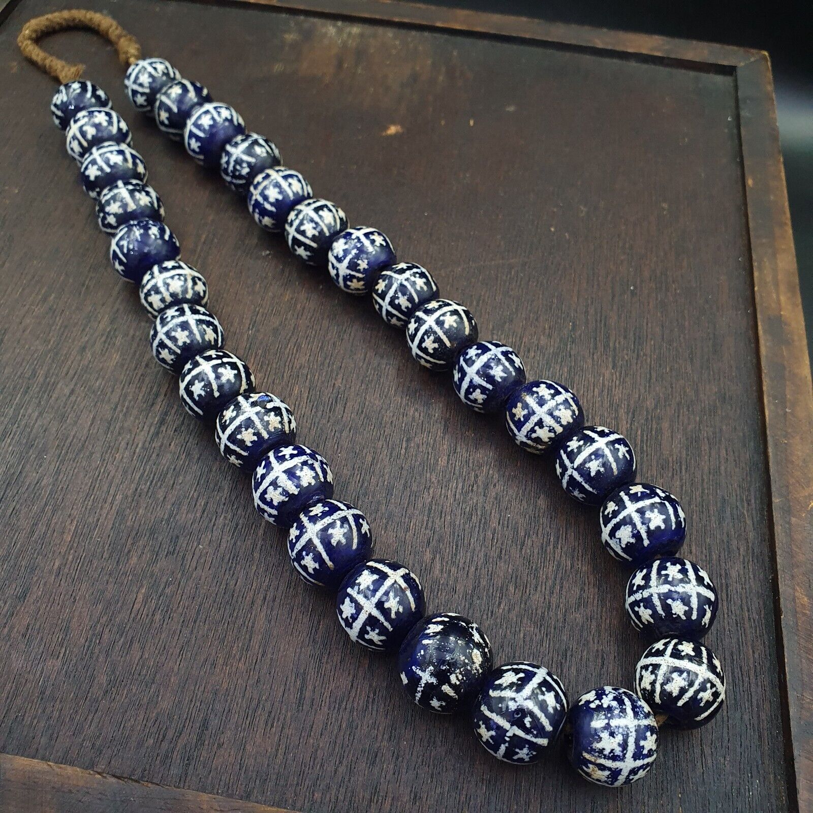 BEAUTIFUL OLD Hand Painted Etched Blue GLASS Vintage ANTIQUE BEADS 17-18mm