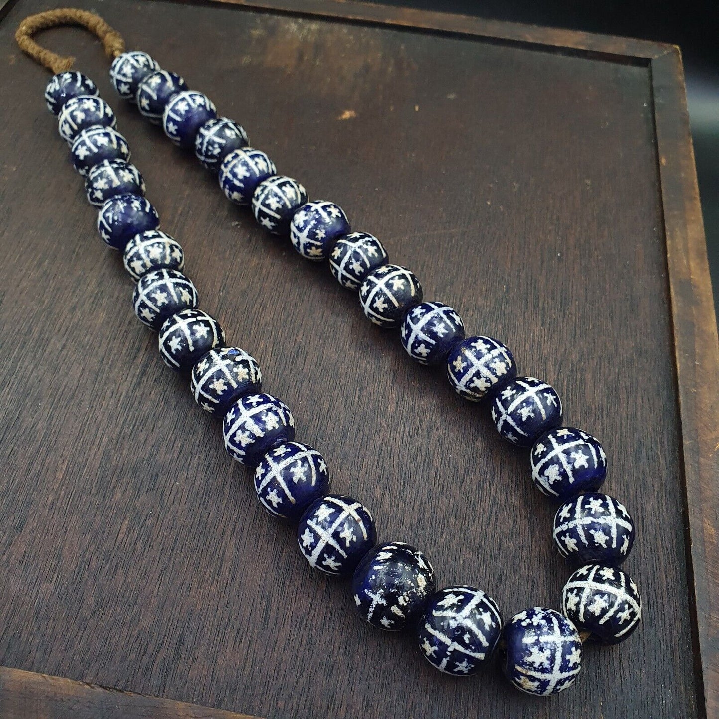 BEAUTIFUL OLD Hand Painted Etched Blue GLASS Vintage ANTIQUE BEADS 17-18mm
