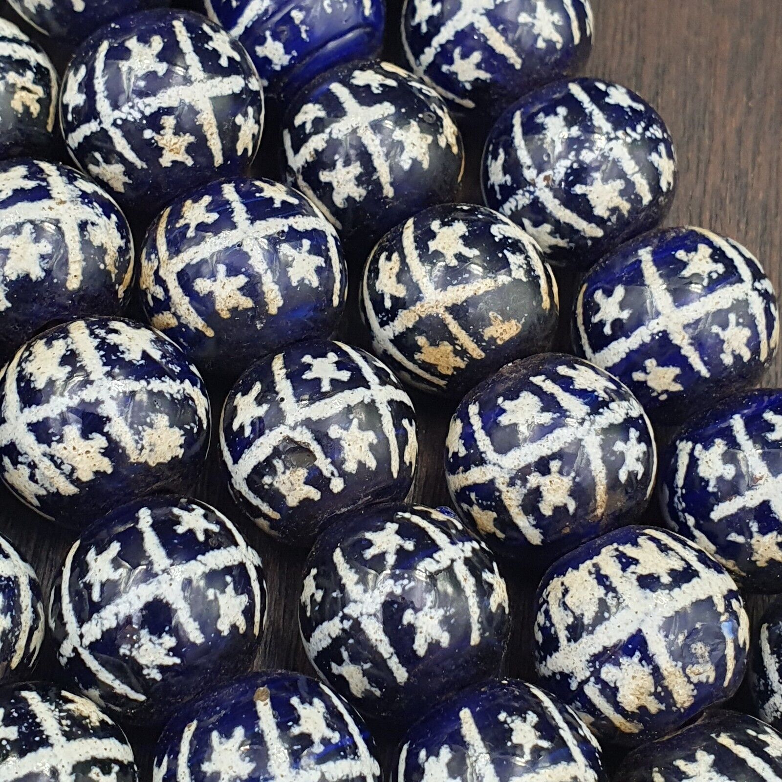 BEAUTIFUL OLD Hand Painted Etched Blue GLASS Vintage ANTIQUE BEADS 17-18mm