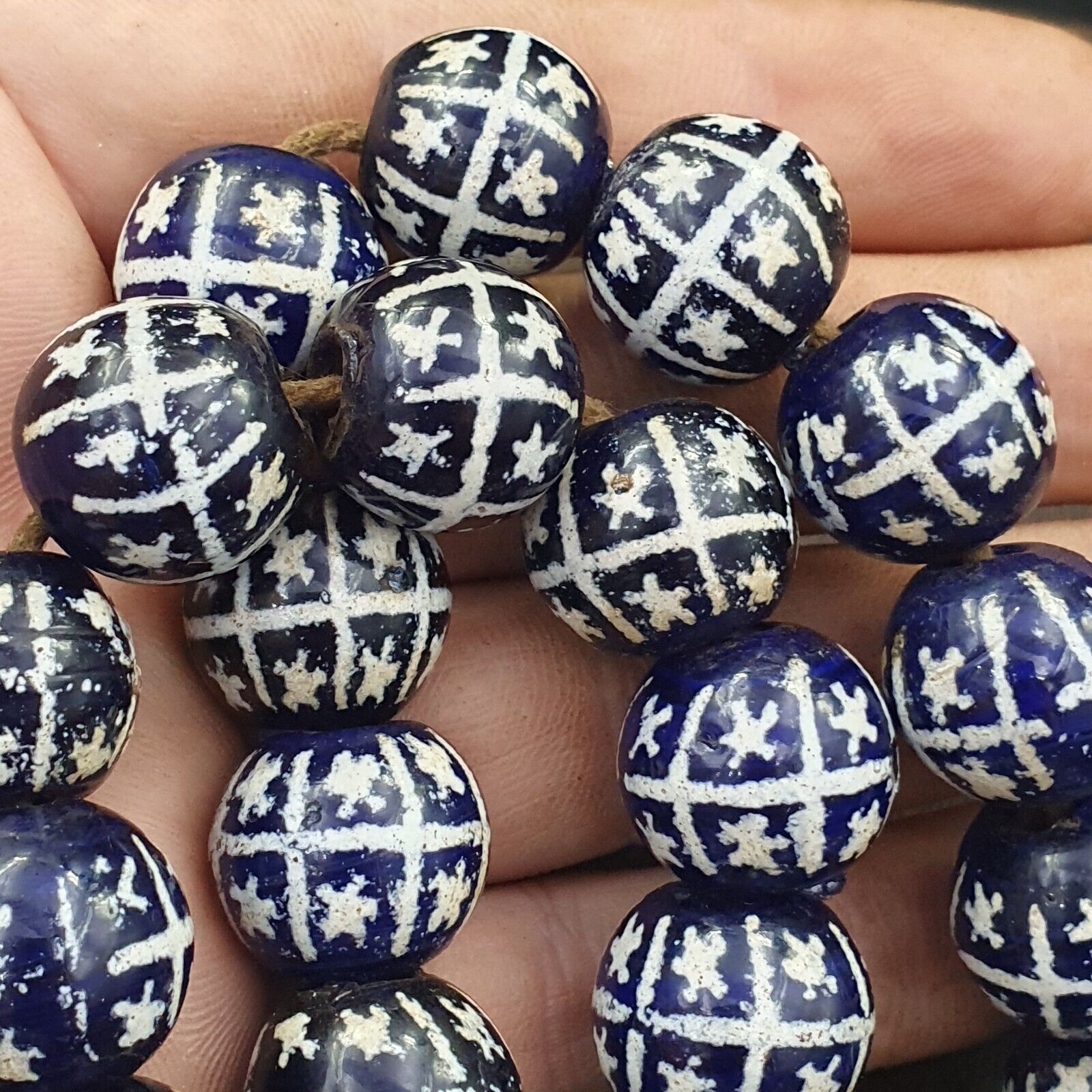 BEAUTIFUL OLD Hand Painted Etched Blue GLASS Vintage ANTIQUE BEADS 17-18mm