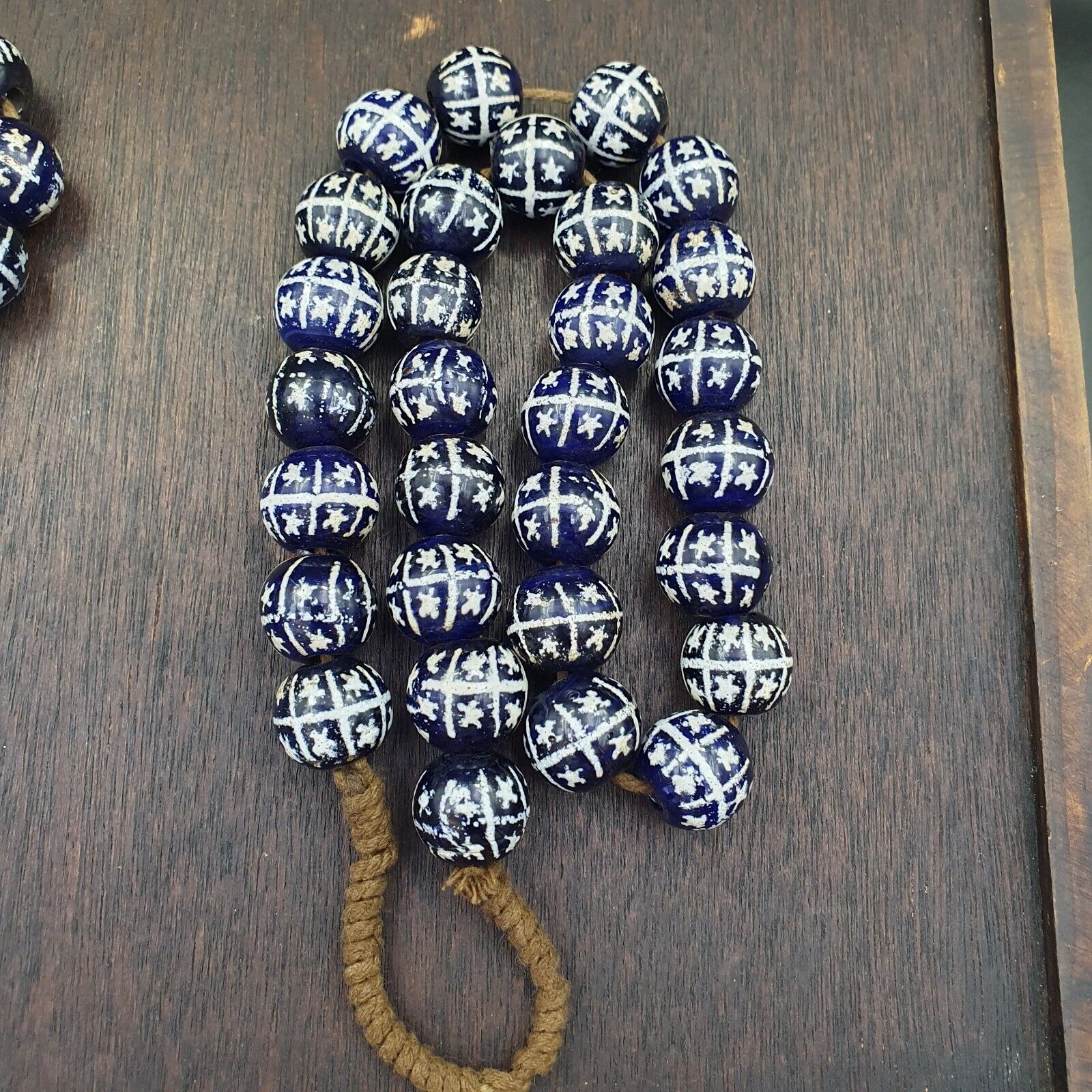 BEAUTIFUL OLD Hand Painted Etched Blue GLASS Vintage ANTIQUE BEADS 17-18mm